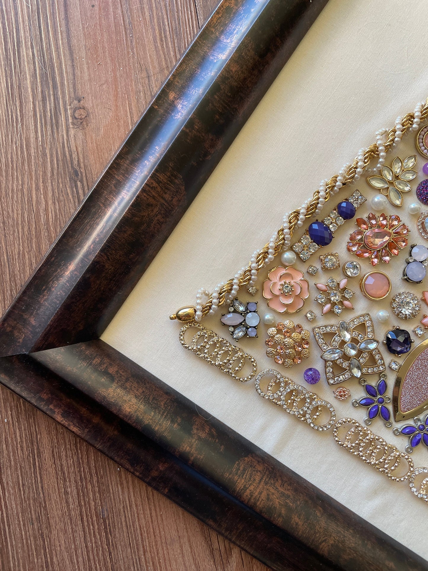 White, Purple, and Gold Framed Jewelry Christmas Tree Handmade with Over 70 Pieces of Vintage & Upcycled Jewelry