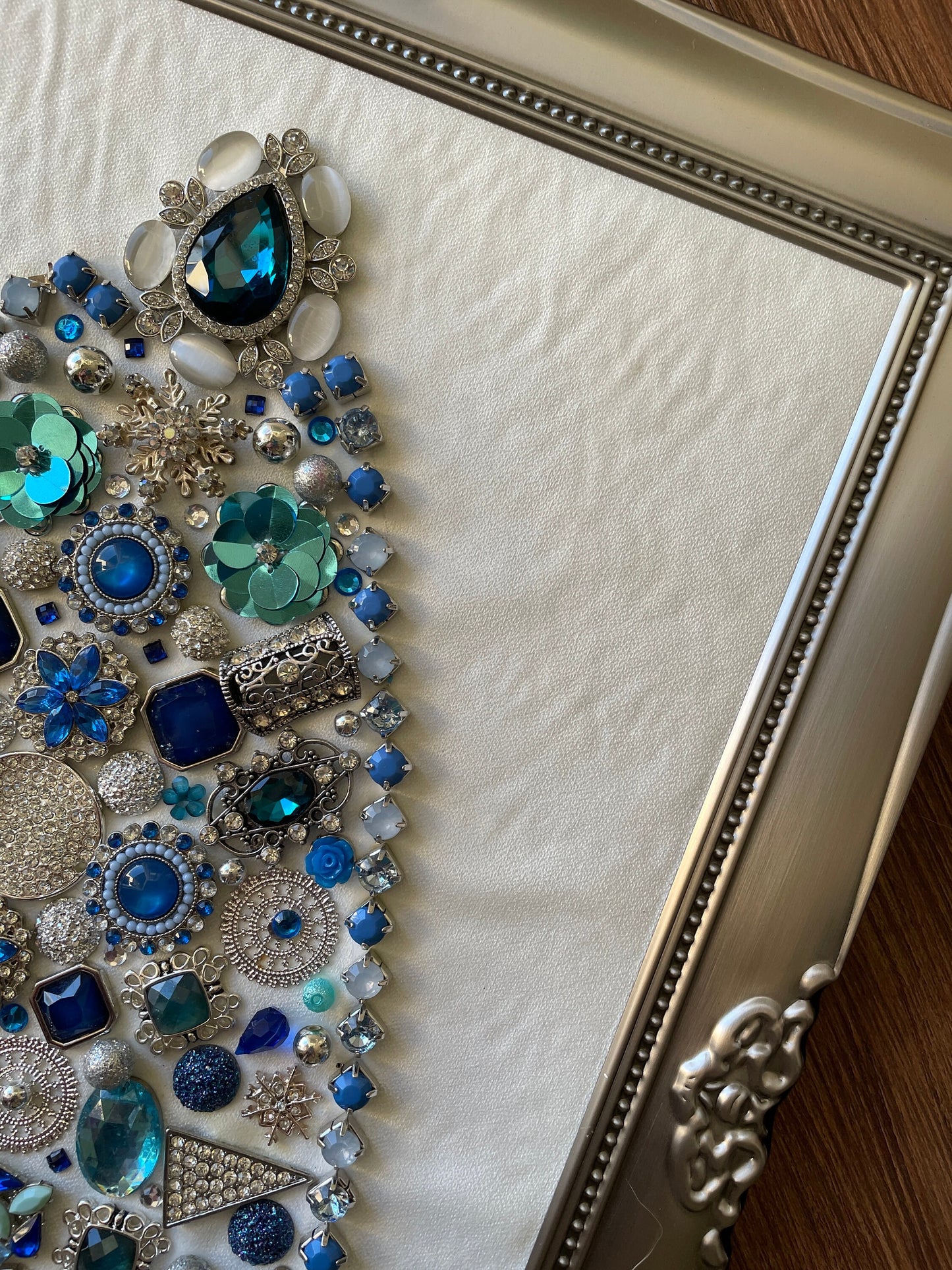 Blue and Silver Framed Jewelry Christmas Tree Handmade with Over 60 Pieces of Vintage & Upcycled Jewelry