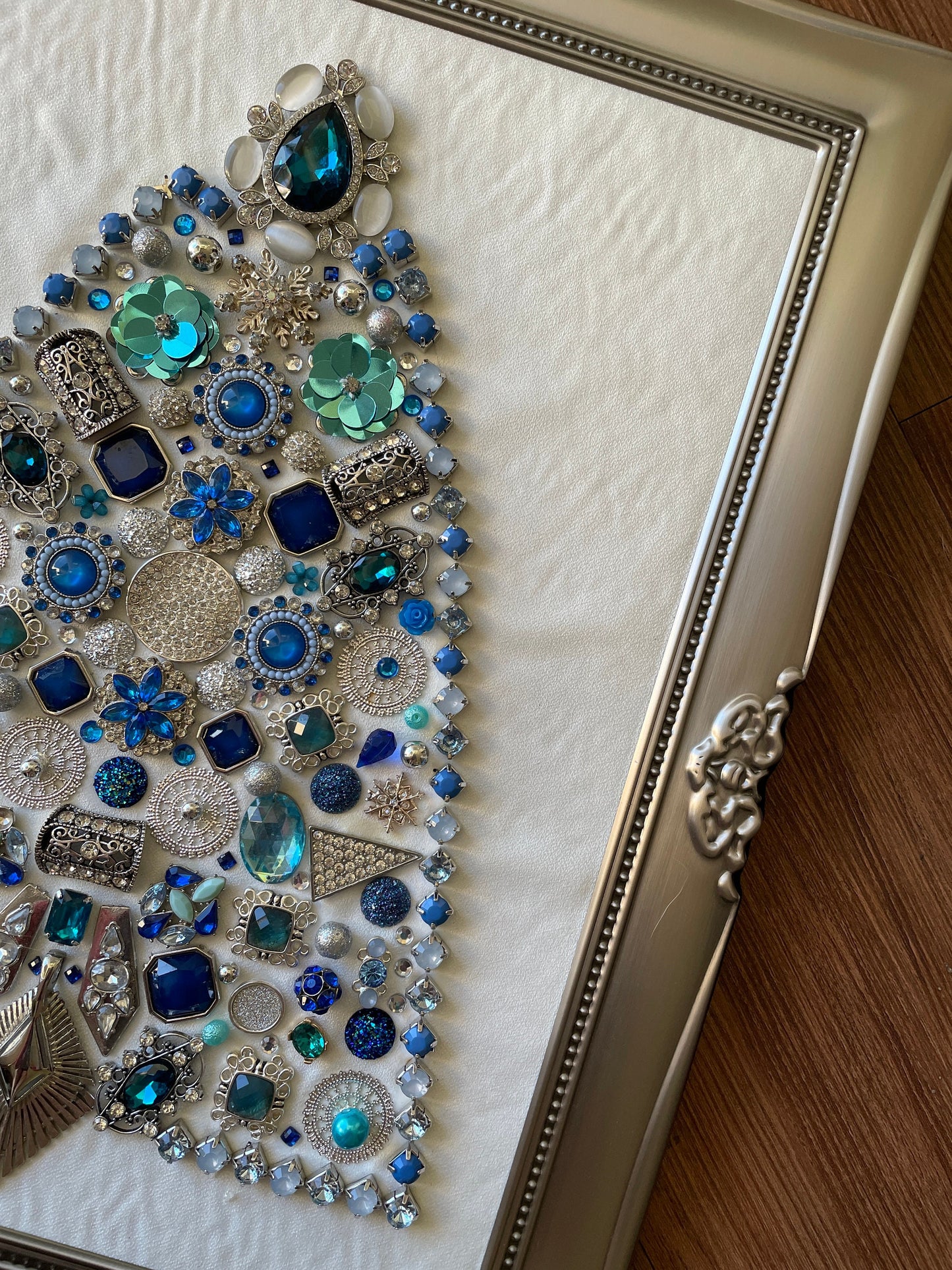 Blue and Silver Framed Jewelry Christmas Tree Handmade with Over 60 Pieces of Vintage & Upcycled Jewelry