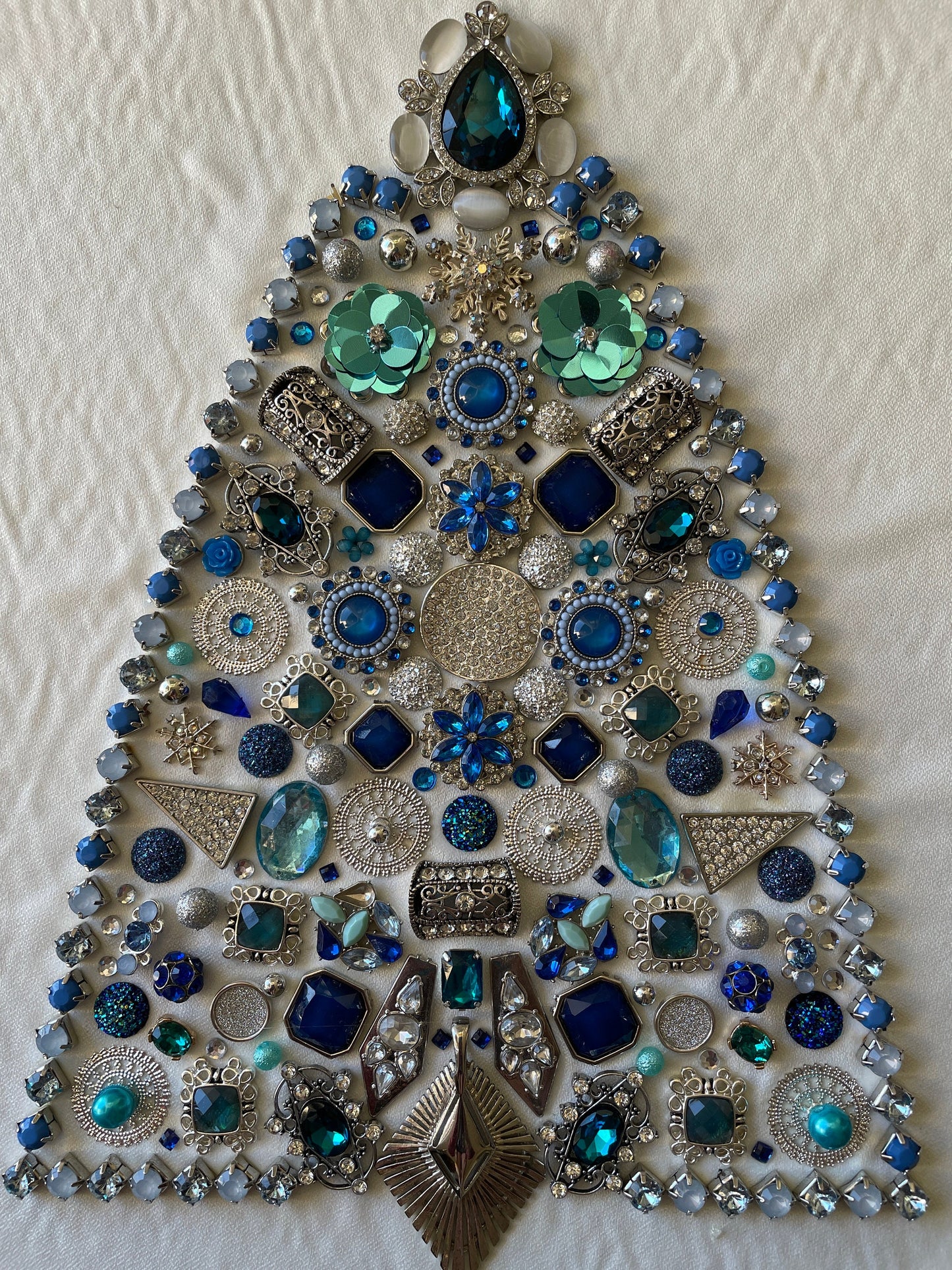 Blue and Silver Framed Jewelry Christmas Tree Handmade with Over 60 Pieces of Vintage & Upcycled Jewelry