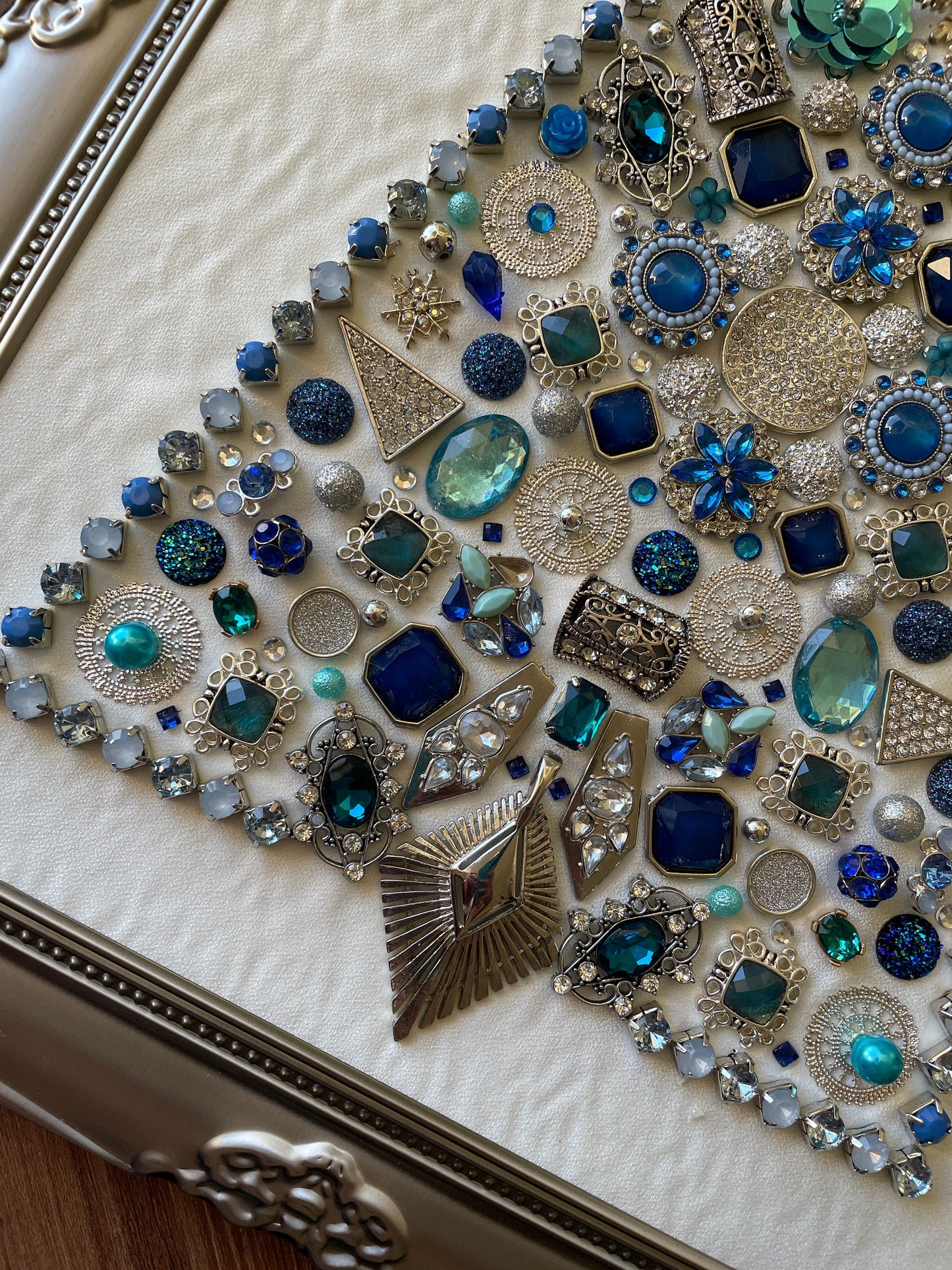 Blue and Silver Framed Jewelry Christmas Tree Handmade with Over 60 Pieces of Vintage & Upcycled Jewelry