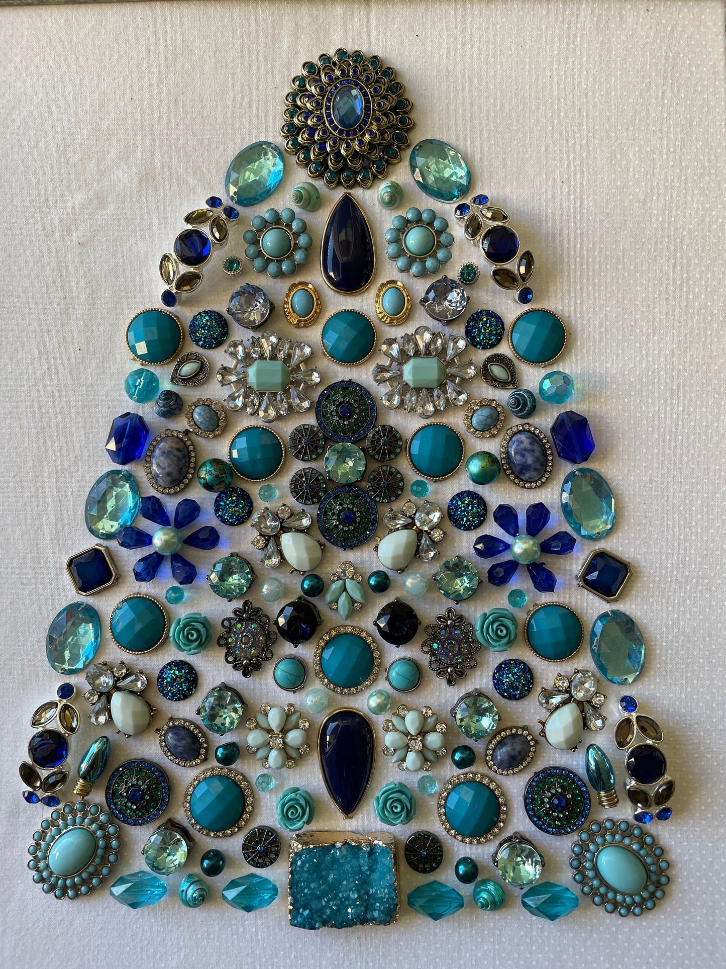 Blue, Silver, and Gray Framed Jewelry Christmas Tree Handmade with Over 60 Pieces of Vintage & Upcycled Jewelry