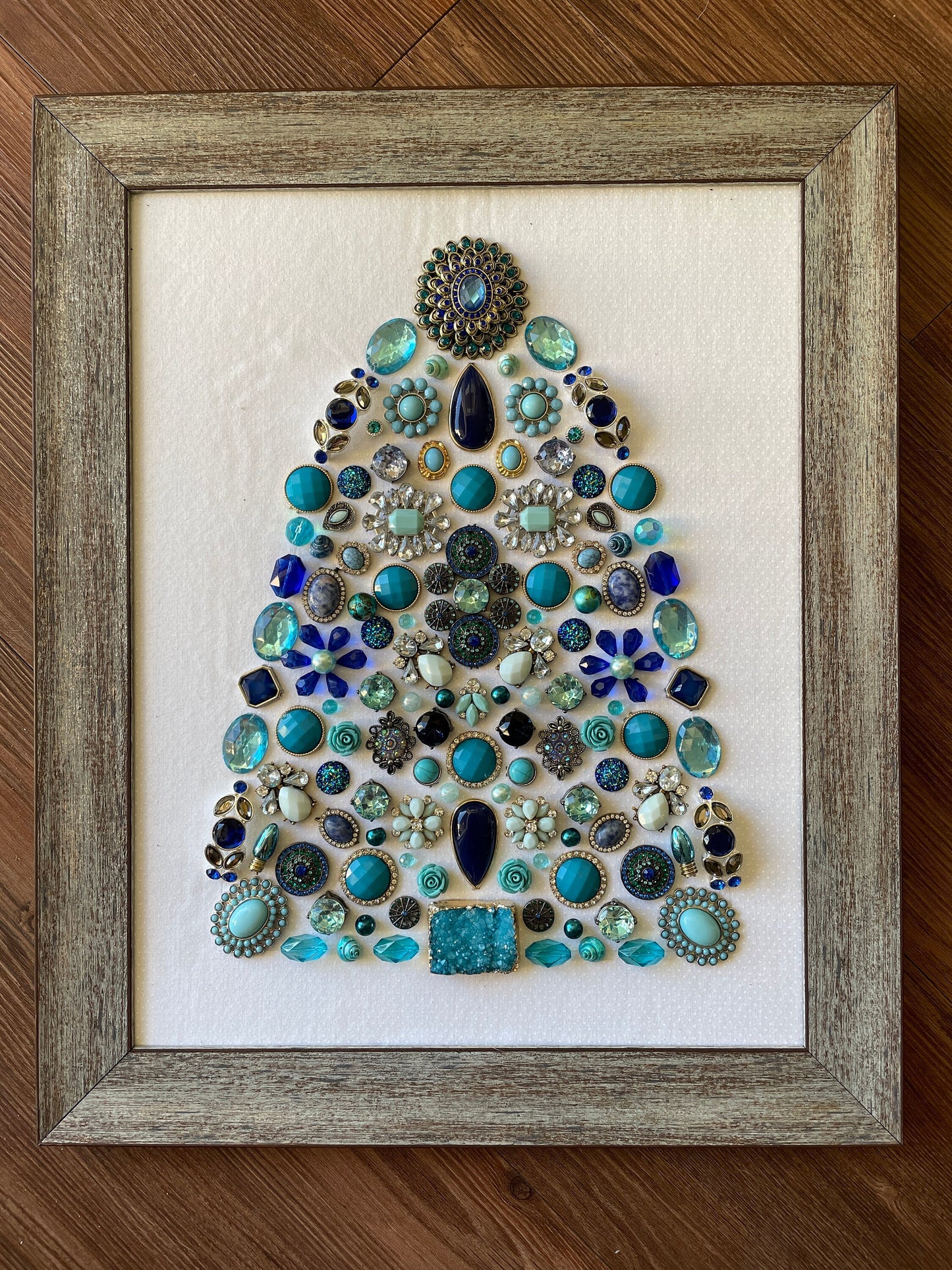 Blue, Silver, and Gray Framed Jewelry Christmas Tree Handmade with Over 60 Pieces of Vintage & Upcycled Jewelry