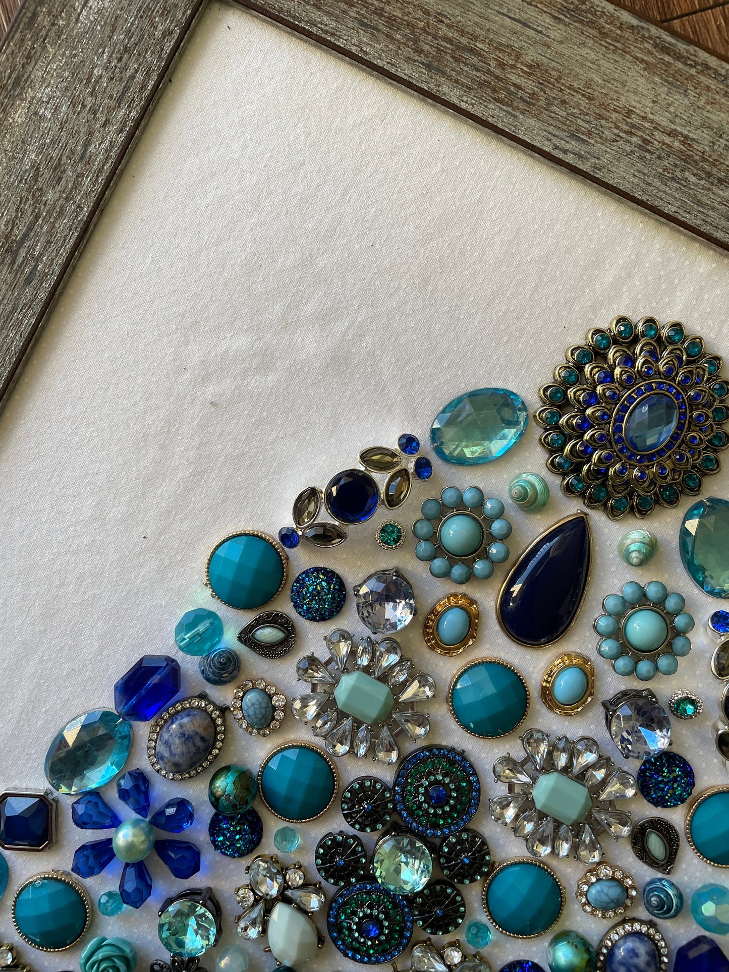 Blue, Silver, and Gray Framed Jewelry Christmas Tree Handmade with Over 60 Pieces of Vintage & Upcycled Jewelry