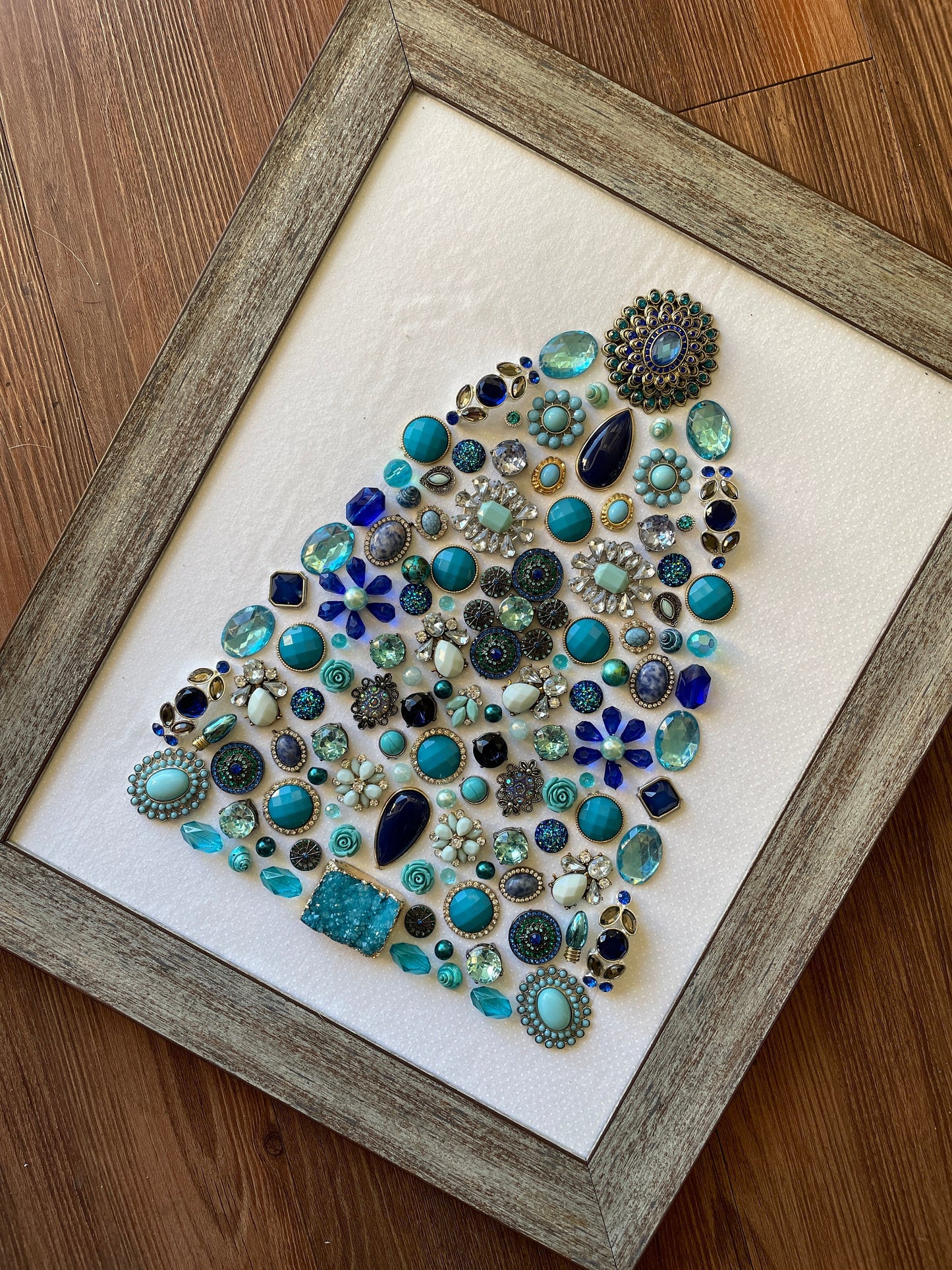 Blue, Silver, and Gray Framed Jewelry Christmas Tree Handmade with Over 60 Pieces of Vintage & Upcycled Jewelry