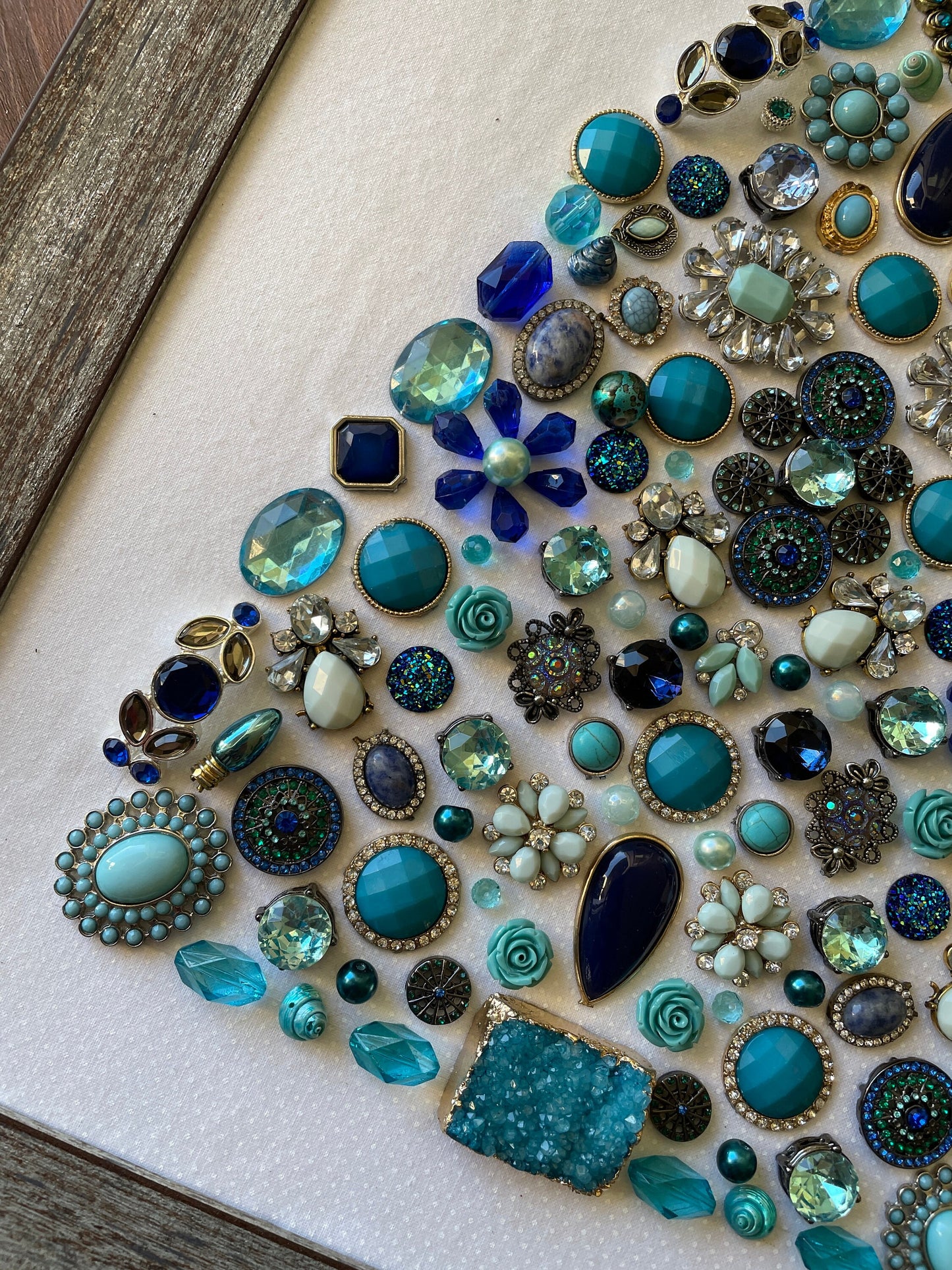 Blue, Silver, and Gray Framed Jewelry Christmas Tree Handmade with Over 60 Pieces of Vintage & Upcycled Jewelry