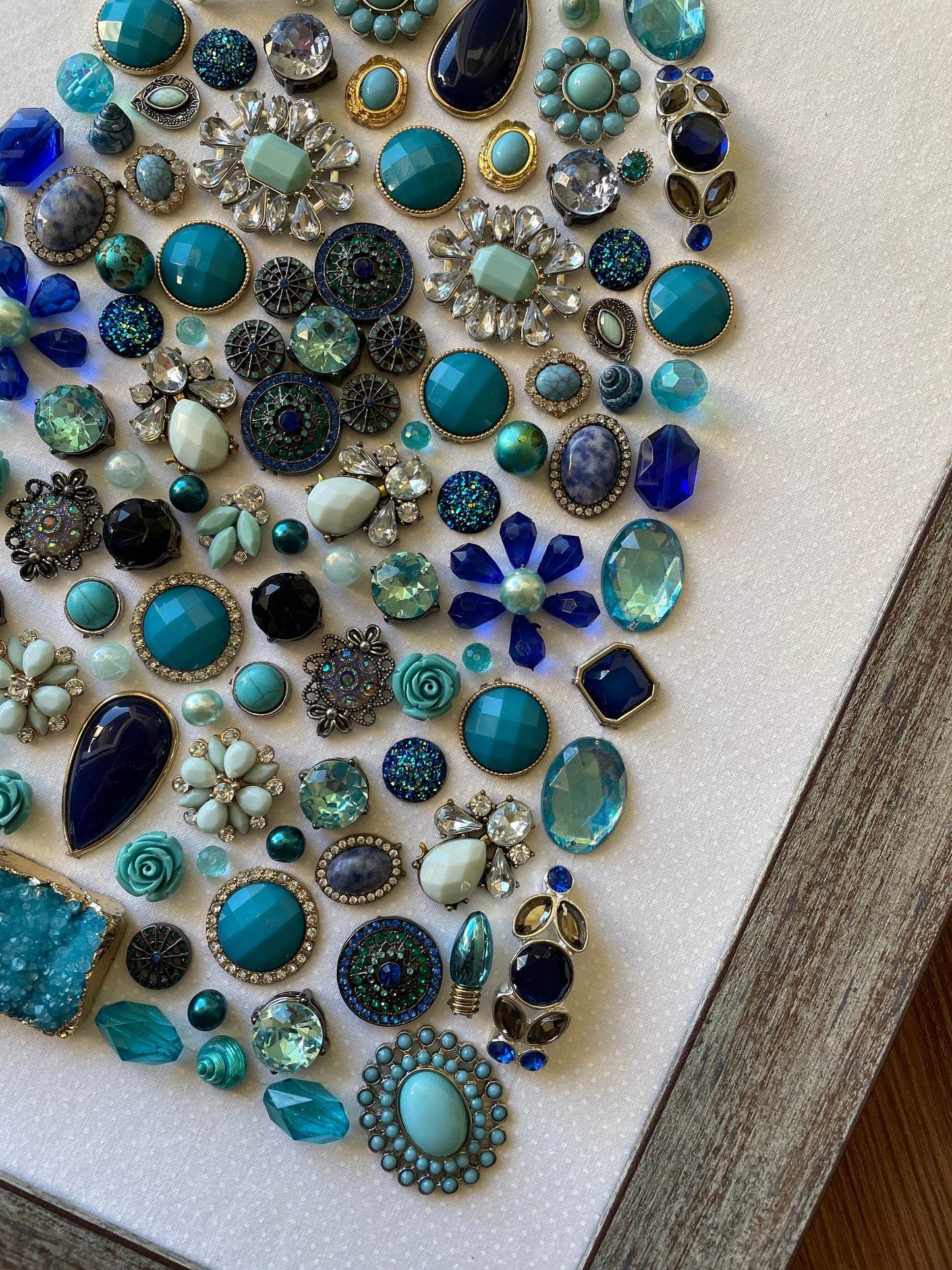 Blue, Silver, and Gray Framed Jewelry Christmas Tree Handmade with Over 60 Pieces of Vintage & Upcycled Jewelry