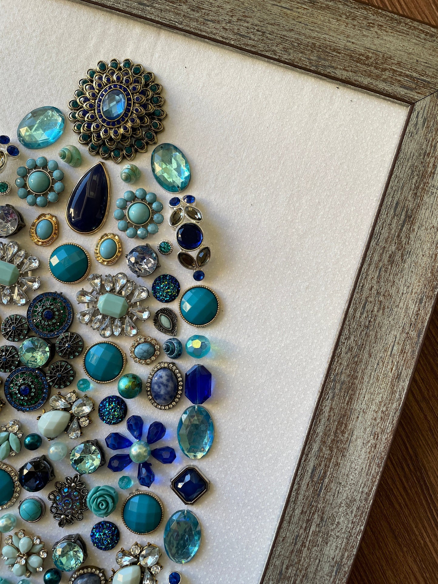 Blue, Silver, and Gray Framed Jewelry Christmas Tree Handmade with Over 60 Pieces of Vintage & Upcycled Jewelry
