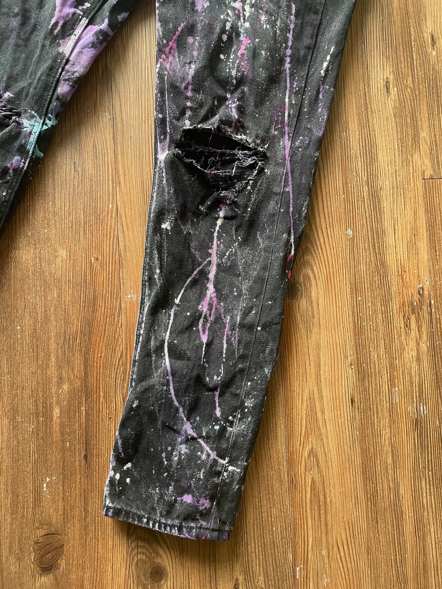 Black Bleach Dyed American Eagle Ripped Mom Jeans | Pink Purple Reverse Tie Dye Pants with Holes | Women's Size 4 | Handmade & Thrifted