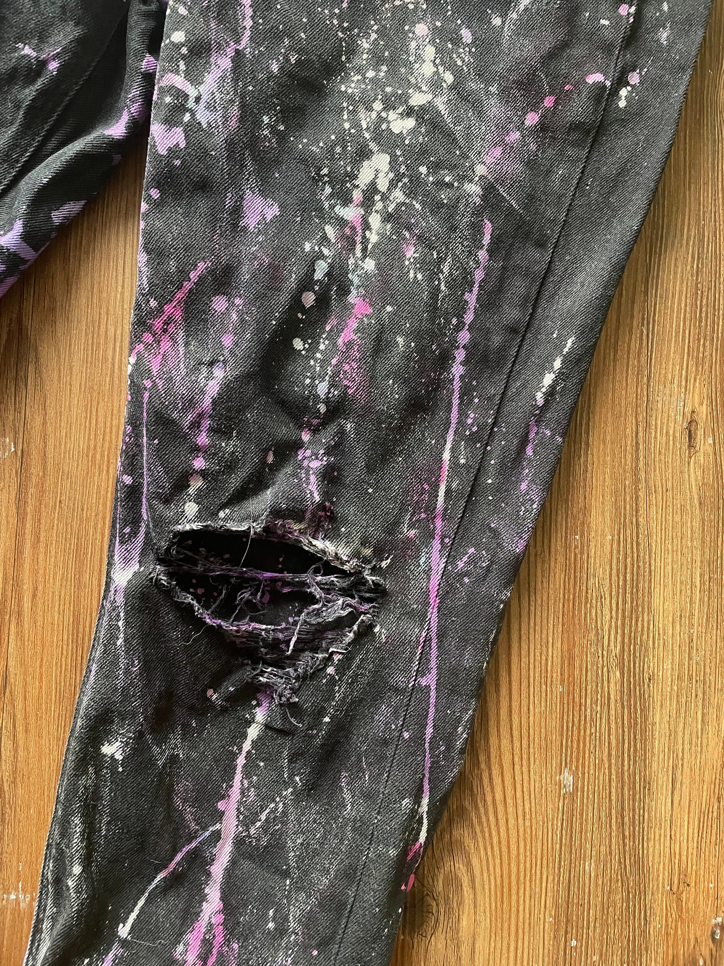 Black Bleach Dyed American Eagle Ripped Mom Jeans | Pink Purple Reverse Tie Dye Pants with Holes | Women's Size 4 | Handmade & Thrifted