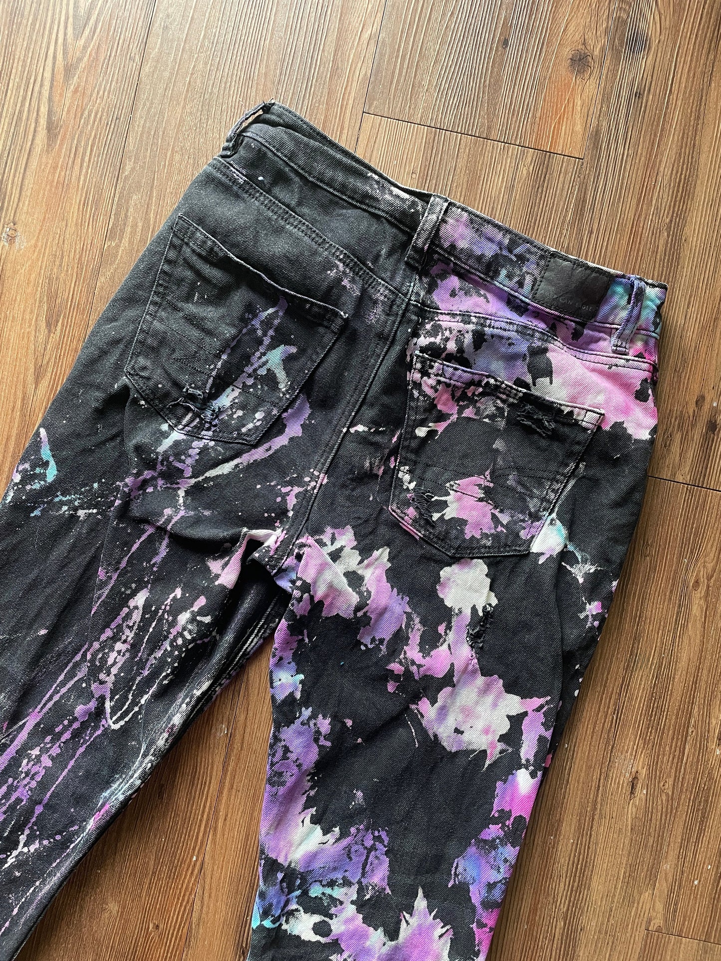 Black Bleach Dyed American Eagle Ripped Mom Jeans | Pink Purple Reverse Tie Dye Pants with Holes | Women's Size 4 | Handmade & Thrifted
