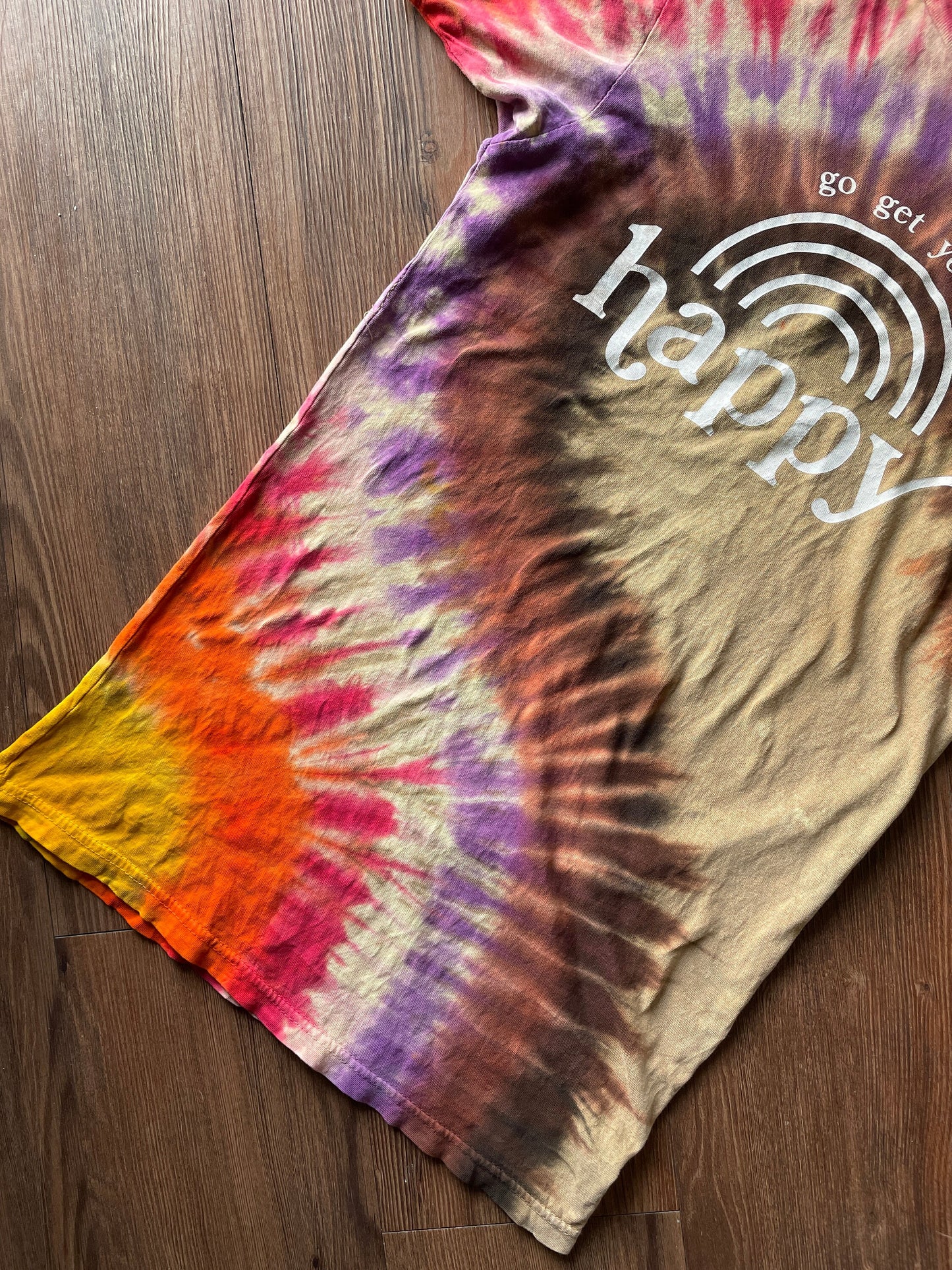Go Get Your Happy Handmade Reverse Tie Dye t-shirt | Tan Rainbow Bleach Dye Short Sleeve Top | Unisex Size Small | Handmade & Thrifted