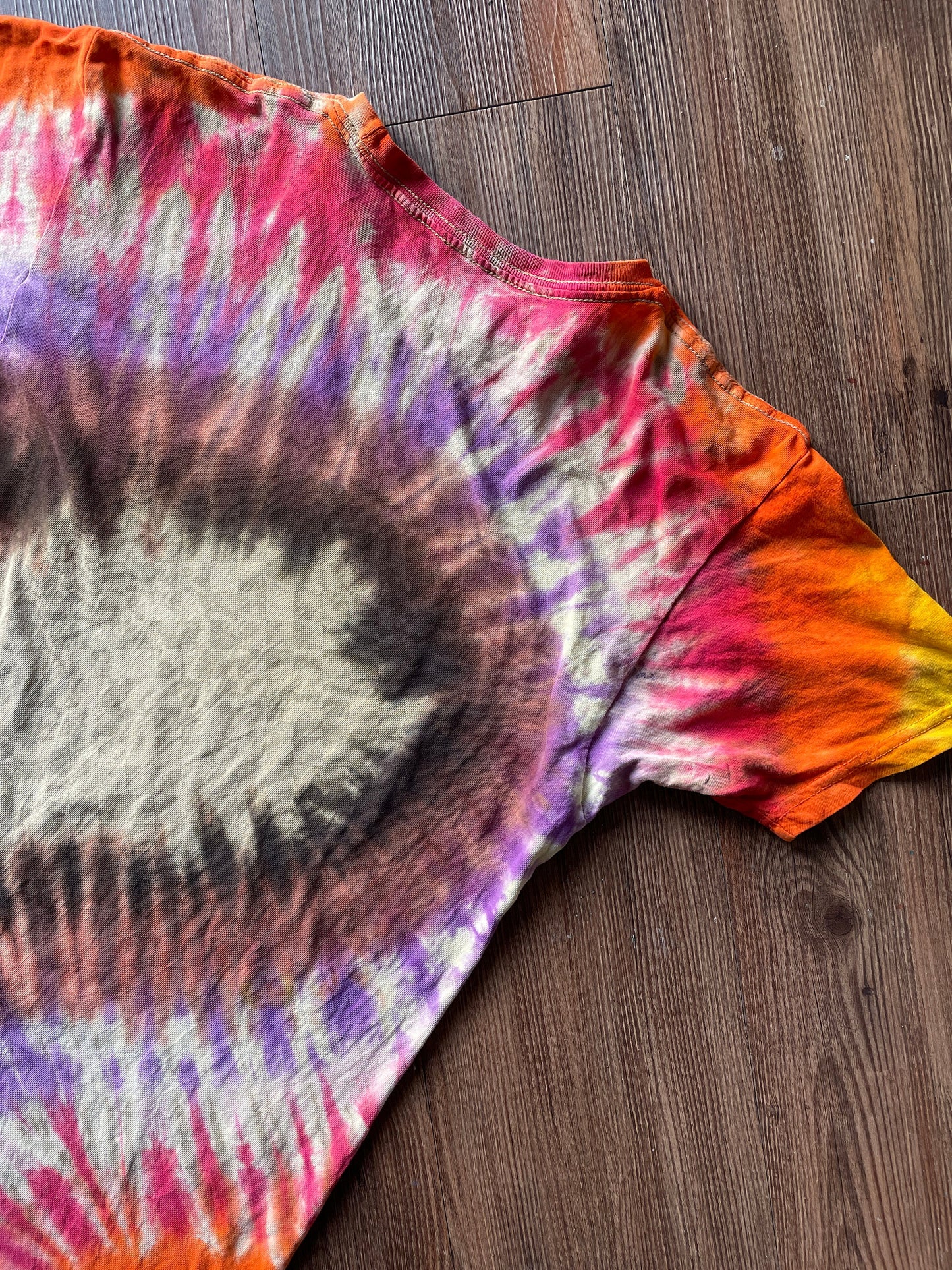 Go Get Your Happy Handmade Reverse Tie Dye t-shirt | Tan Rainbow Bleach Dye Short Sleeve Top | Unisex Size Small | Handmade & Thrifted