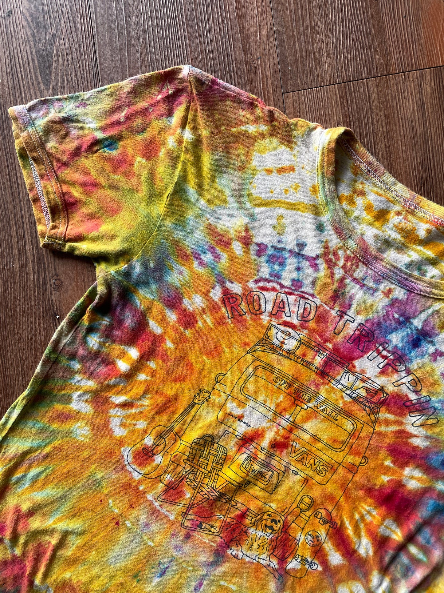 Go Get Your Happy Handmade Reverse Tie Dye t-shirt | Tan Rainbow Bleach Dye Short Sleeve Top | Unisex Size Small | Handmade & Thrifted