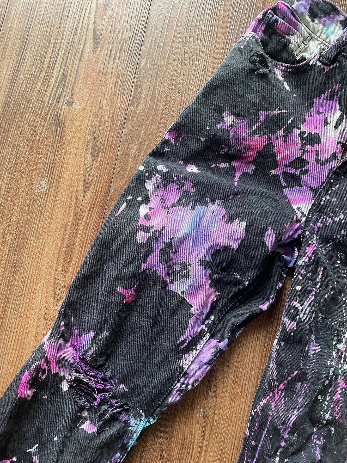 Black Bleach Dyed American Eagle Ripped Mom Jeans | Pink Purple Reverse Tie Dye Pants with Holes | Women's Size 4 | Handmade & Thrifted