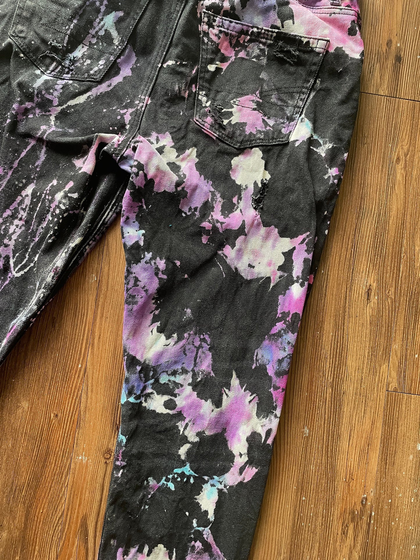 Black Bleach Dyed American Eagle Ripped Mom Jeans | Pink Purple Reverse Tie Dye Pants with Holes | Women's Size 4 | Handmade & Thrifted