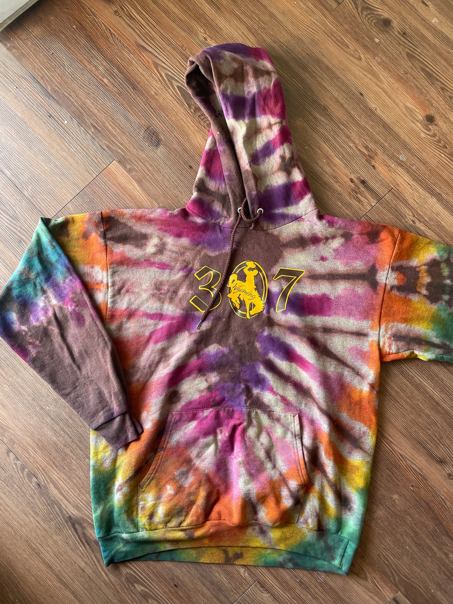 307 Wyoming Handmade Reverse Tie Dye Hoodie | UW Cowboys Bleach Dye Long Sleeve Top Unisex Size Large