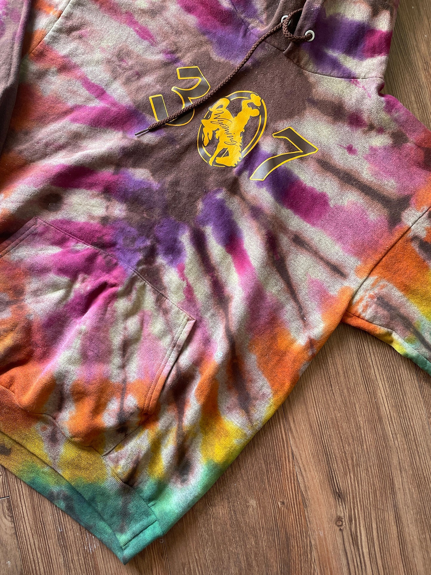 307 Wyoming Handmade Reverse Tie Dye Hoodie | UW Cowboys Bleach Dye Long Sleeve Top Unisex Size Large