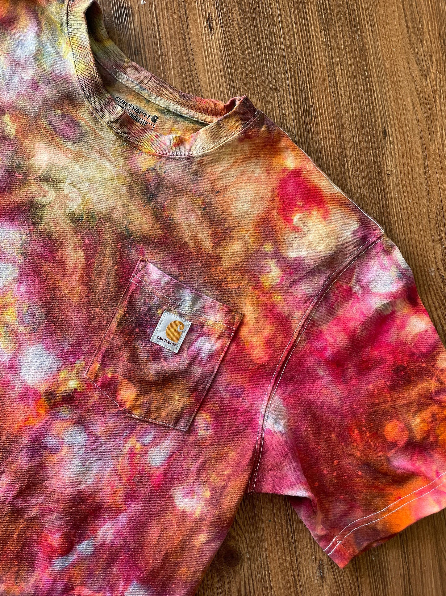 Carhartt Pocket Handmade Galaxy Tie Dye t-shirt | Oversized Loose Fit Fire Dye Ice Dye Short Sleeve Top Unisex Size Large