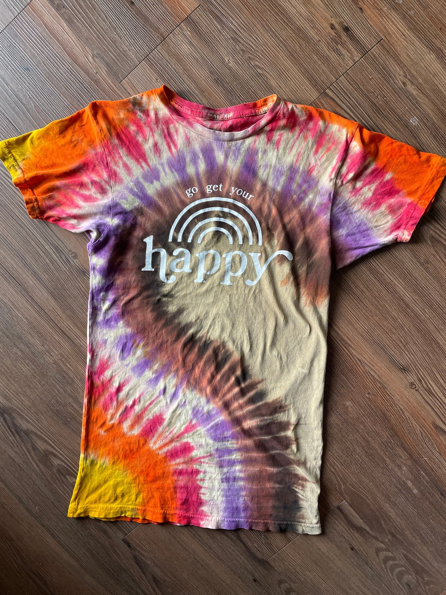 Go Get Your Happy Handmade Reverse Tie Dye t-shirt | Tan Rainbow Bleach Dye Short Sleeve Top | Unisex Size Small | Handmade & Thrifted