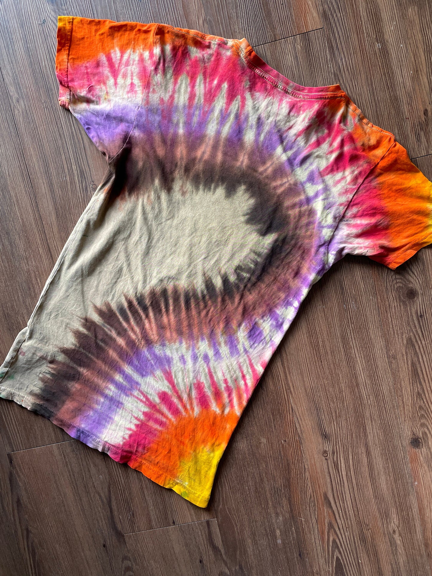 Go Get Your Happy Handmade Reverse Tie Dye t-shirt | Tan Rainbow Bleach Dye Short Sleeve Top | Unisex Size Small | Handmade & Thrifted