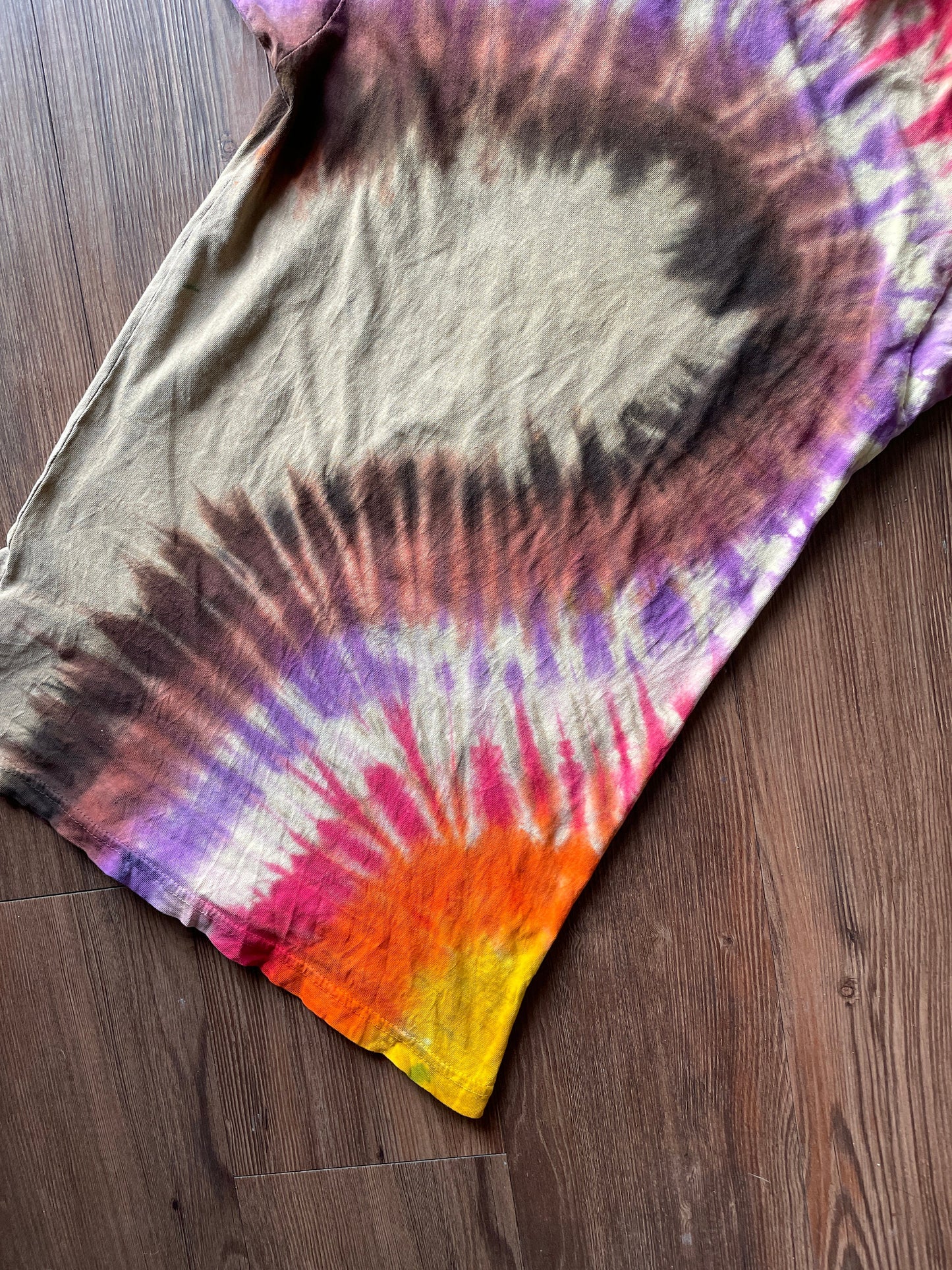 Go Get Your Happy Handmade Reverse Tie Dye t-shirt | Tan Rainbow Bleach Dye Short Sleeve Top | Unisex Size Small | Handmade & Thrifted