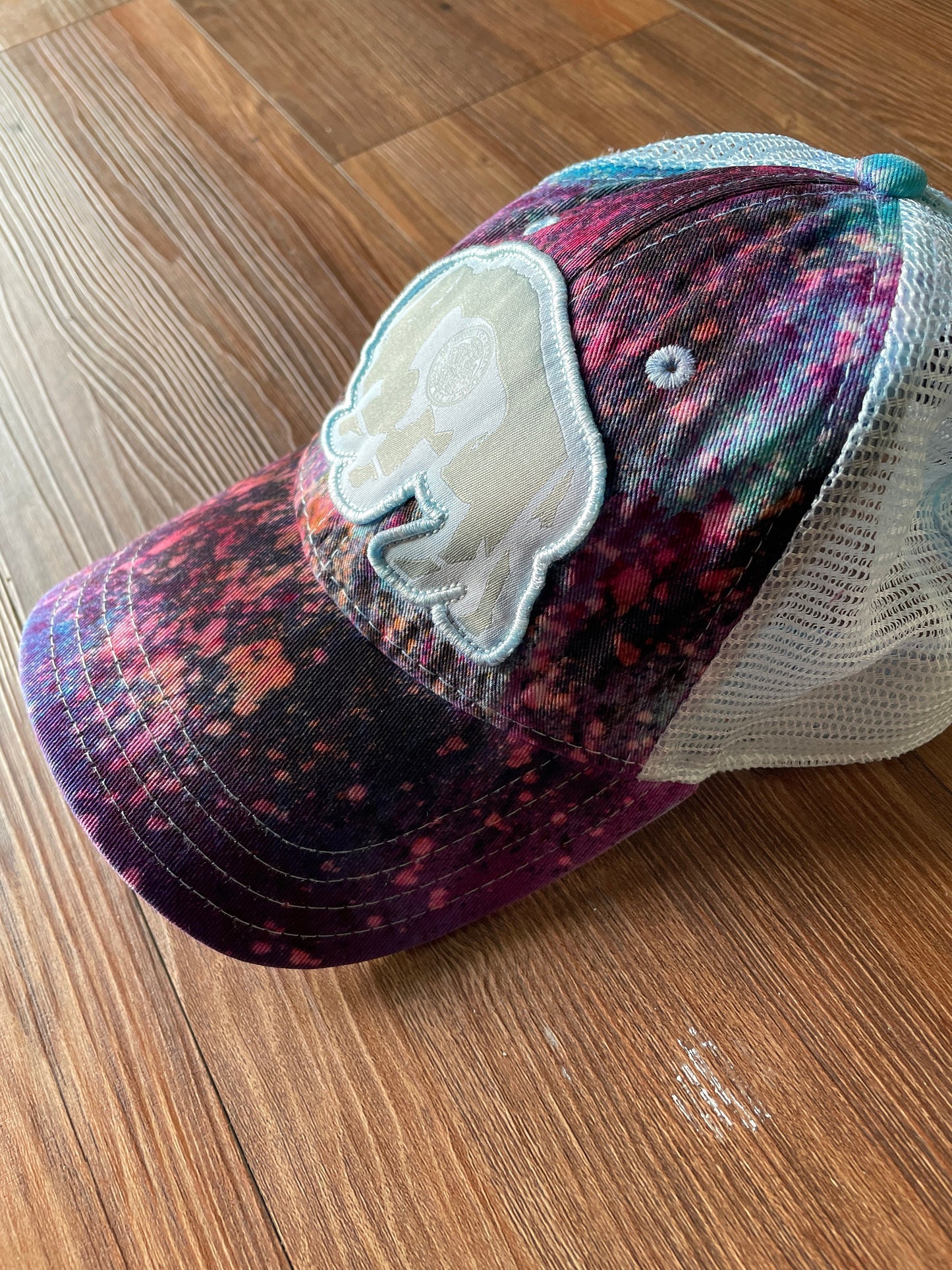 Surf Wyoming Bison Handmade Tie Dye Trucker Hat | Wyoming Flag Pink Ice Dyed Bleach Dyed Adjustable Hat | Handmade & Thrifted