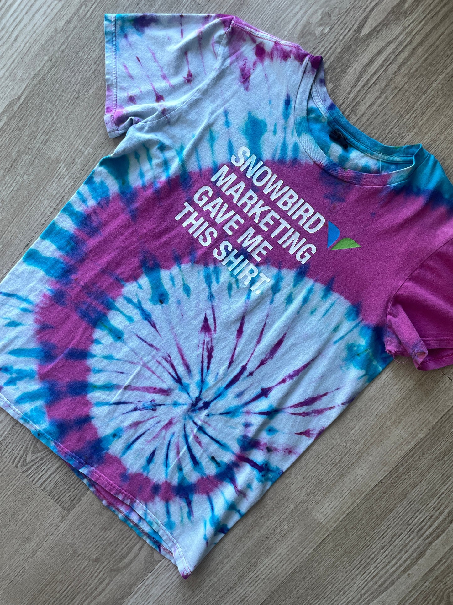 MEDIUM Women’s "Snowbird Marketing Gave Me This Shirt" Handmade Tie Dye Short Sleeve T-Shirt | One-Of-a-Kind Upcycled Pink and Blue Top
