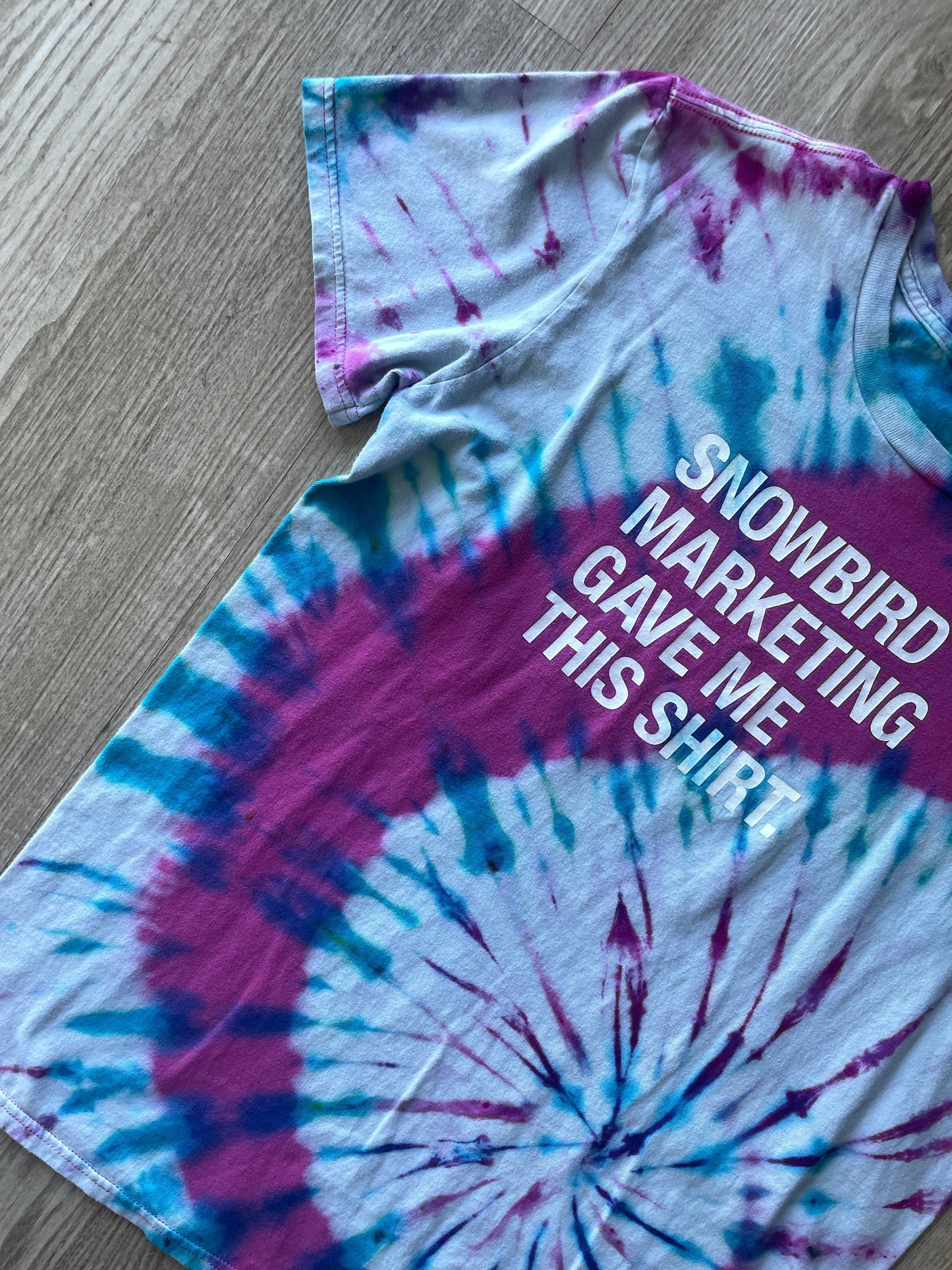 MEDIUM Women’s "Snowbird Marketing Gave Me This Shirt" Handmade Tie Dye Short Sleeve T-Shirt | One-Of-a-Kind Upcycled Pink and Blue Top