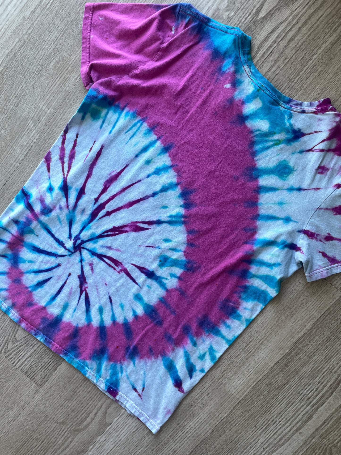 MEDIUM Women’s "Snowbird Marketing Gave Me This Shirt" Handmade Tie Dye Short Sleeve T-Shirt | One-Of-a-Kind Upcycled Pink and Blue Top
