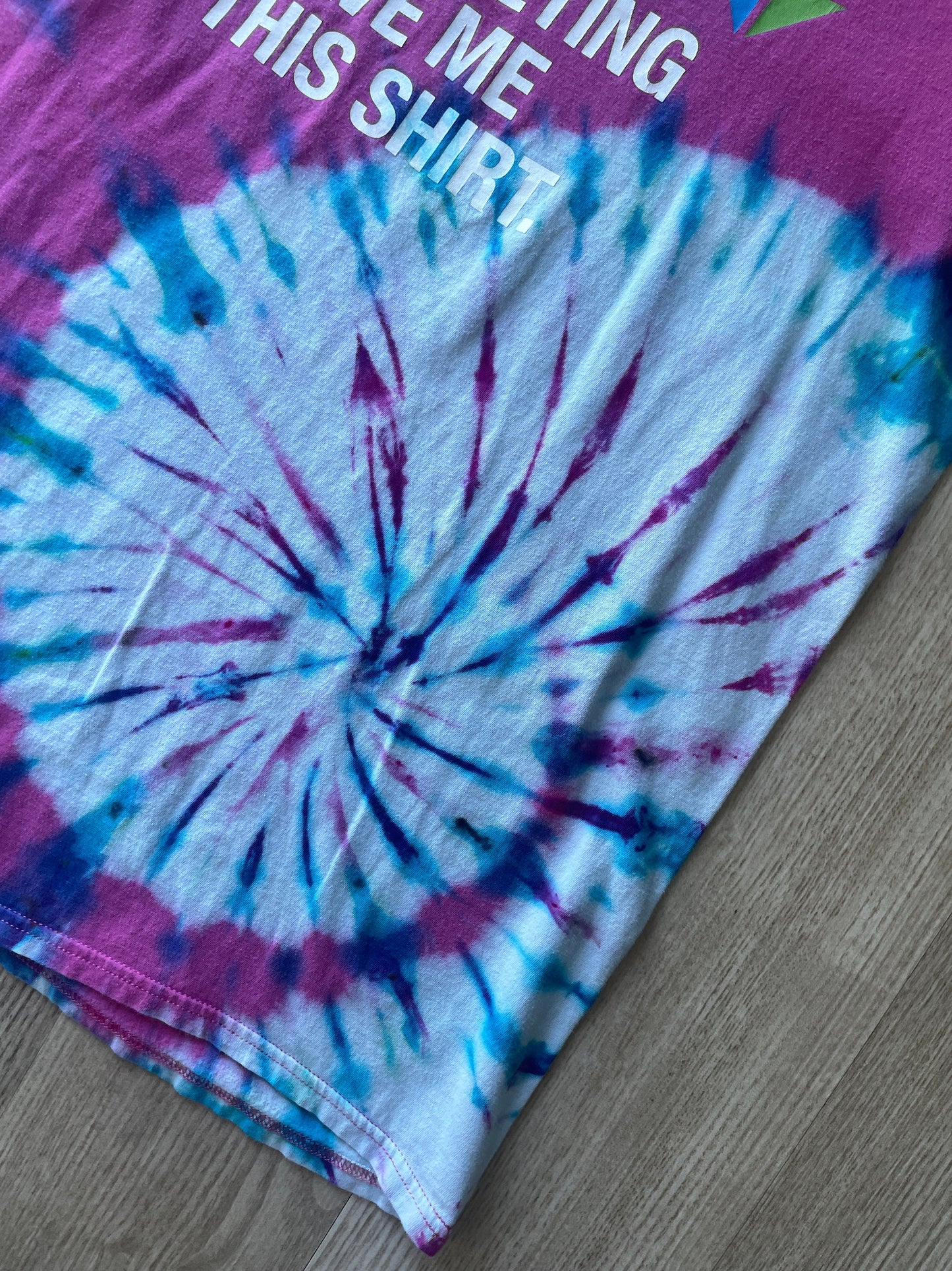MEDIUM Women’s "Snowbird Marketing Gave Me This Shirt" Handmade Tie Dye Short Sleeve T-Shirt | One-Of-a-Kind Upcycled Pink and Blue Top
