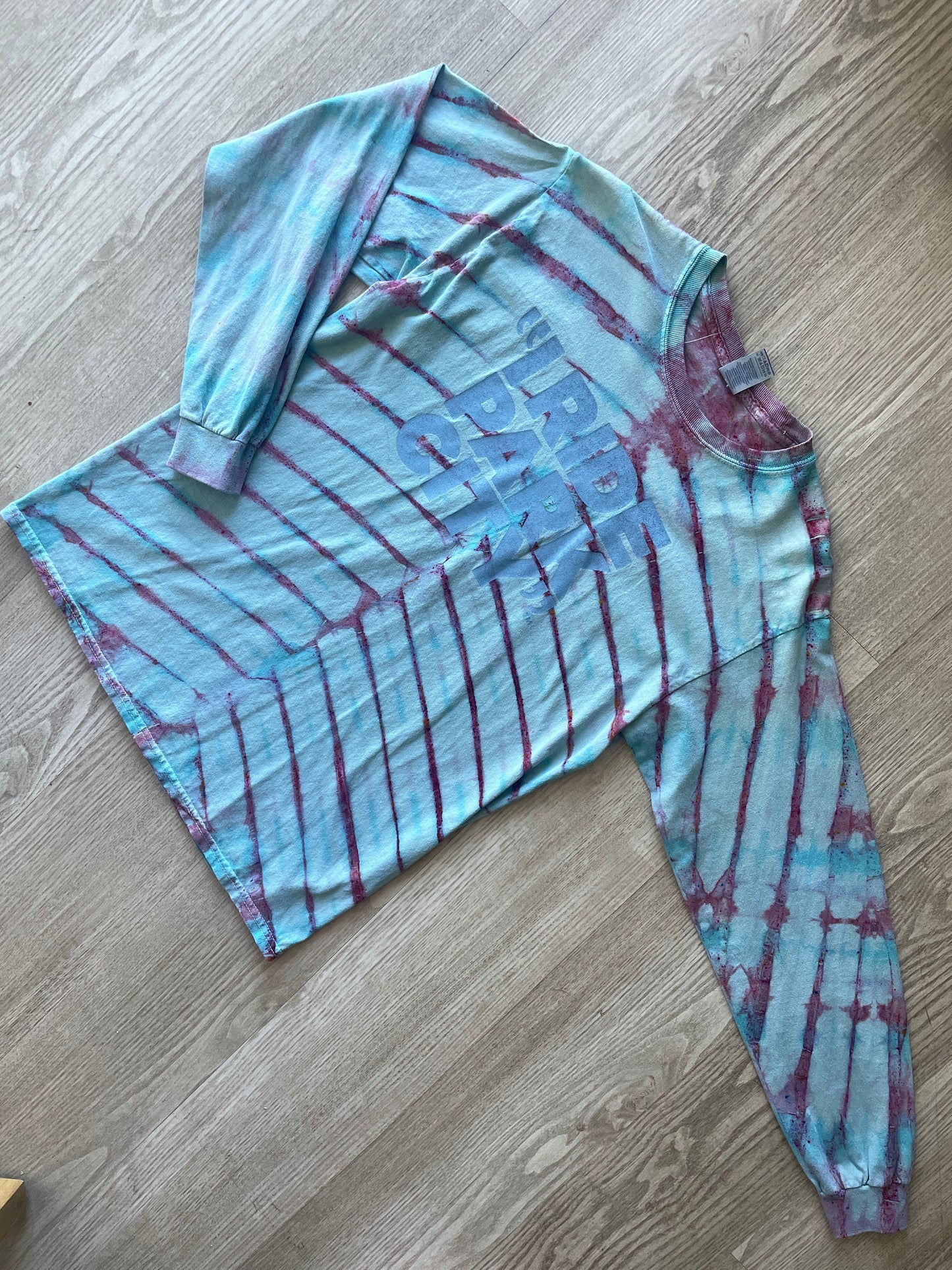 MEDIUM Men's "I Ride Park City" Handmade Tie Dye Long Sleeve Sleeve T-Shirt | One-Of-a-Kind Upcycled Pastel Pink and Blue Pleated Ski Top