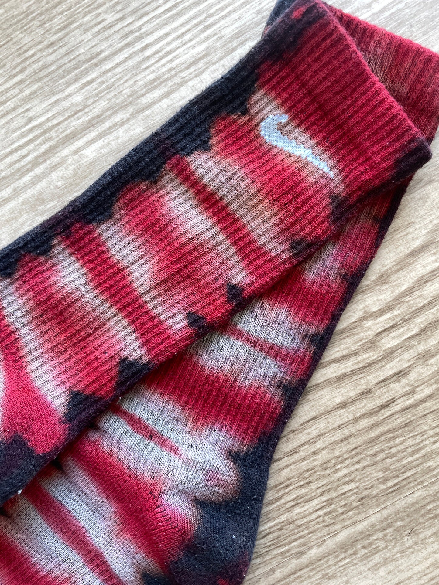 NIKE Christmas Socks Hand Tie Dyed Red, Green, and Black Nike Dri-FIT Everyday Plus Crew Training Socks - Size Large (Men's 8-12/Women's 10-13)