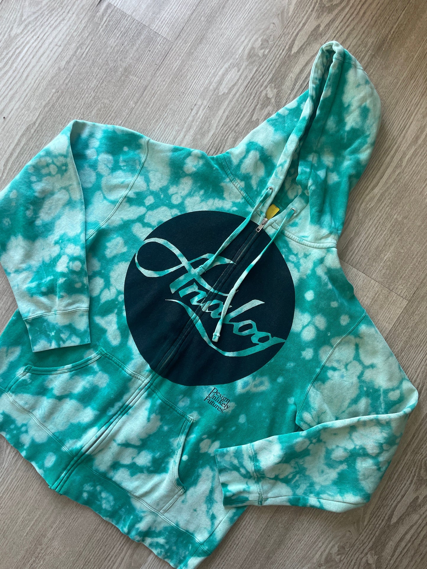 MEDIUM Men's Burton Analog Design Unlikely Futures Handmade Reverse Tie Dye Full-Zip Hoodie | One-Of-a-Kind Upcycled Green Sweatshirt