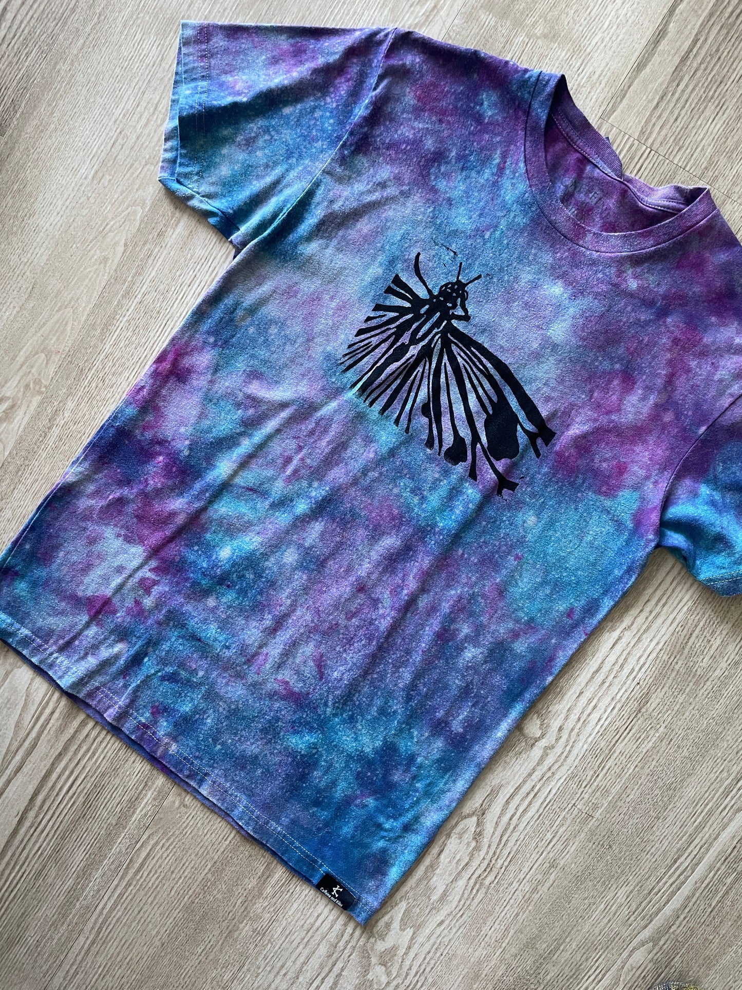 Medium Men's Hand-Printed Butterfly Galaxy Tie Dye Short Sleeve T-Shirt | Handmade One-Of-a-Kind Upcycled Blue, Purple, and Pink Ice Dye