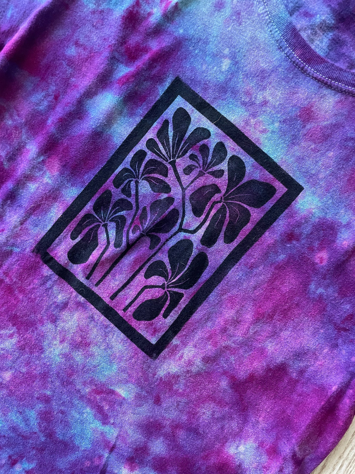 Medium Men's Hand-Printed Floral Galaxy Tie Dye Short Sleeve T-Shirt | Handmade One-Of-a-Kind Upcycled Blue, Purple, and Pink Ice Dye