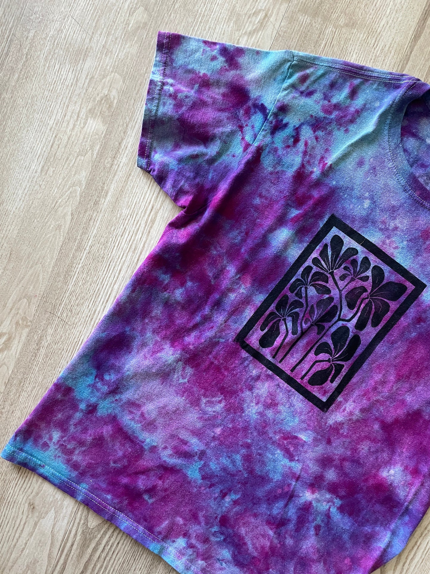 Medium Men's Hand-Printed Floral Galaxy Tie Dye Short Sleeve T-Shirt | Handmade One-Of-a-Kind Upcycled Blue, Purple, and Pink Ice Dye