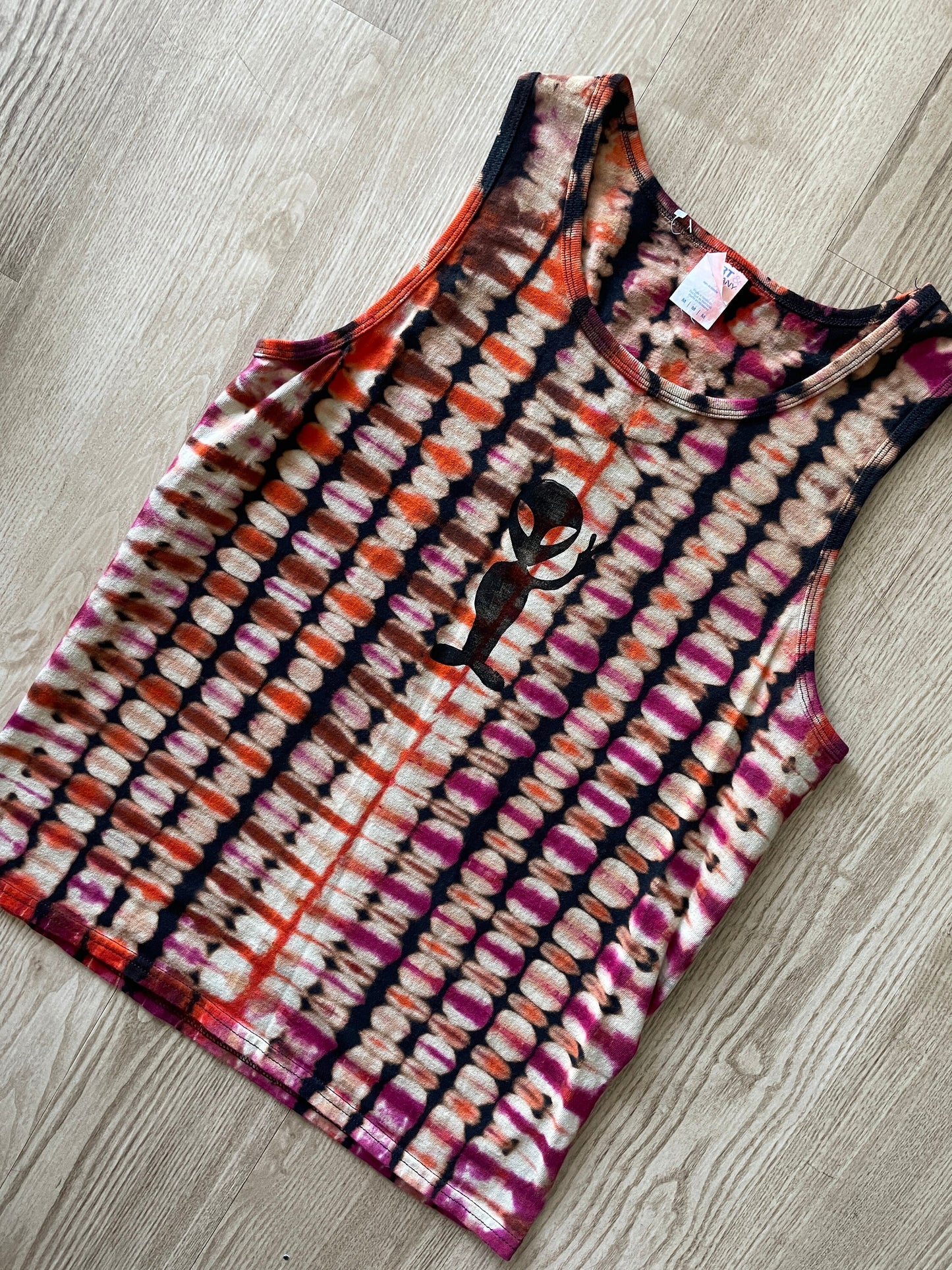 Medium Men's Hand-Printed Alien Reverse Tie Dye Tank Top | Handmade One-Of-a-Kind Upcycled Black, Orange, and Pink Sleeveless Top