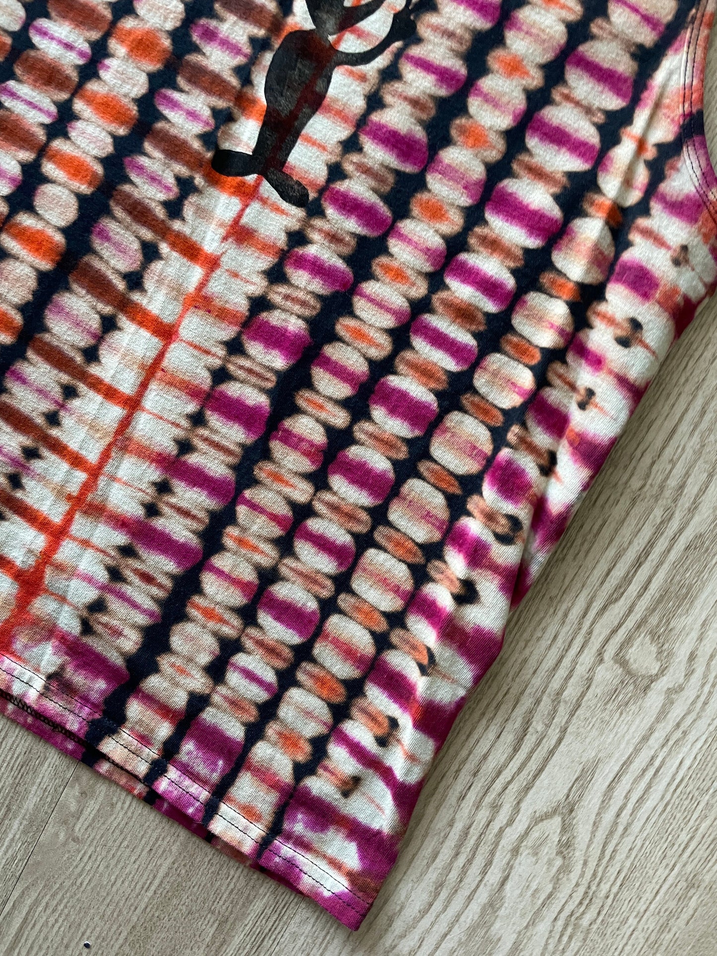 Medium Men's Hand-Printed Alien Reverse Tie Dye Tank Top | Handmade One-Of-a-Kind Upcycled Black, Orange, and Pink Sleeveless Top