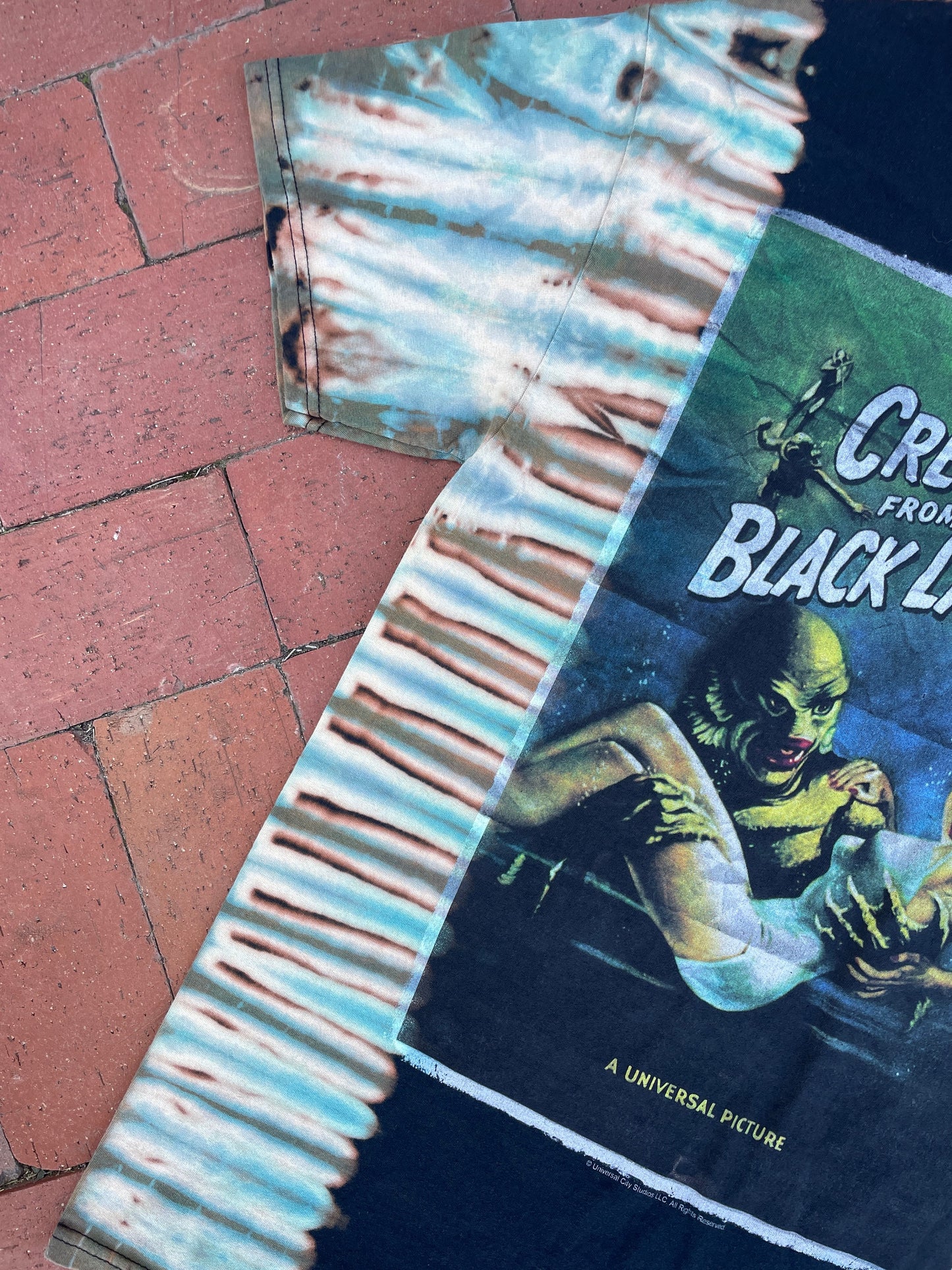 MEDIUM Men’s Creatue from the Black Lagoon Handmade Reverse Tie Dye Short Sleeve T-Shirt | One-Of-a-Kind Vintage Upcycled Black and Blue Top