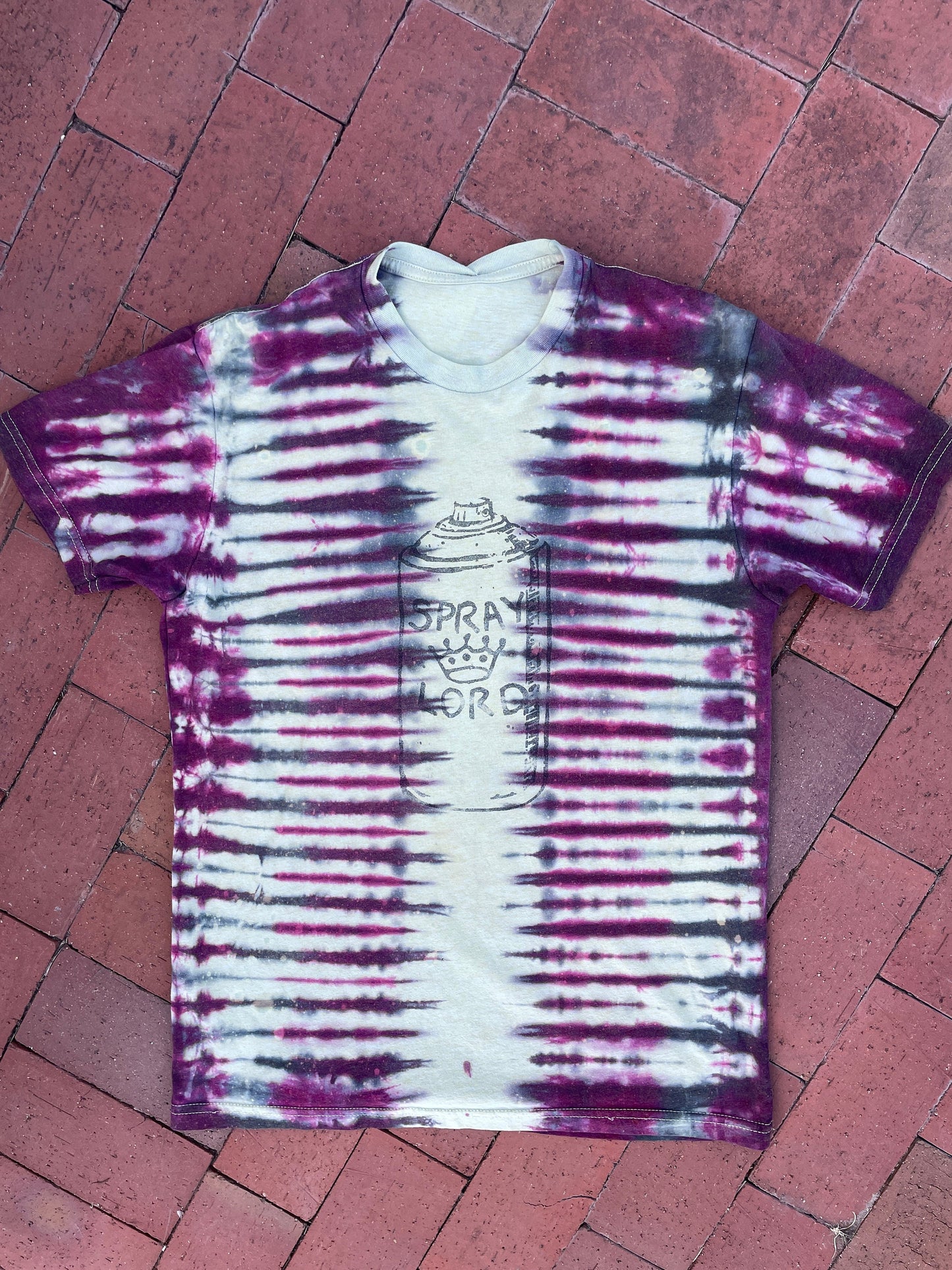 MEDIUM Men’s Rock Climbing Spray Lord Handmade Tie Dye Short Sleeve T-Shirt | One-Of-a-Kind Upcycled Yellow, Pink, and Black Graphic Tee