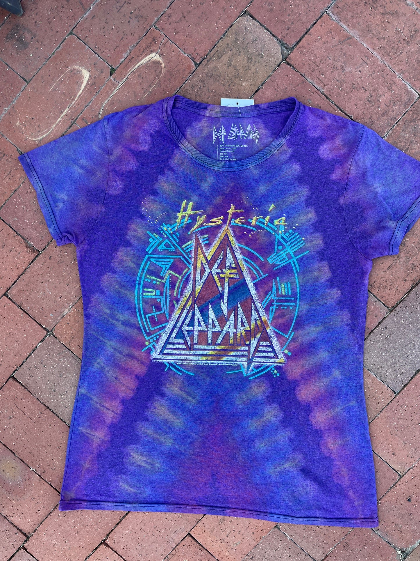 Medium Women's Def Leppard High Voltage Reverse Tie Dye Short Sleeve T-Shirt | One-Of-a-Kind Upcycled Purple and Pink Pleated Graphic Tee