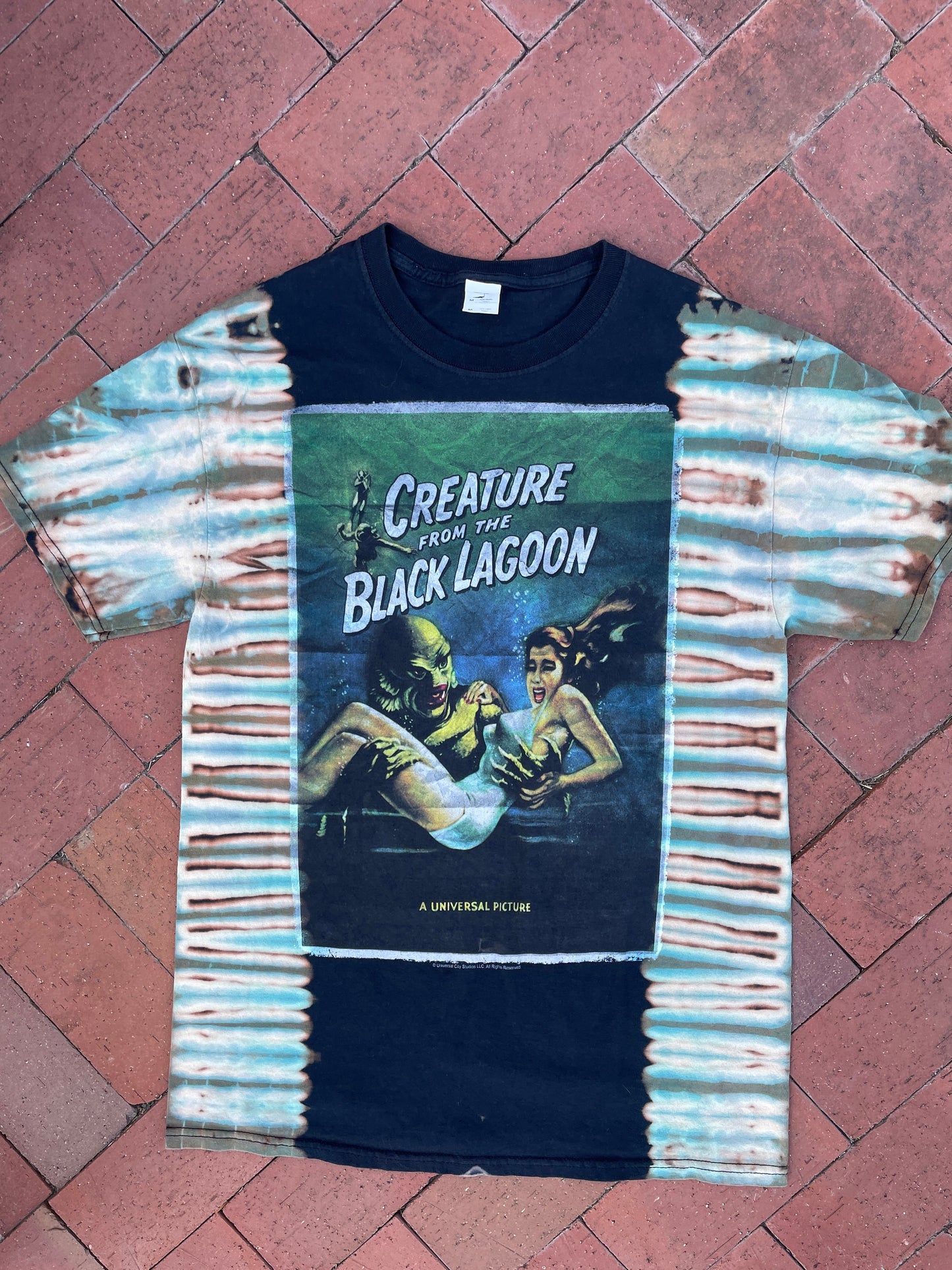 MEDIUM Men’s Creatue from the Black Lagoon Handmade Reverse Tie Dye Short Sleeve T-Shirt | One-Of-a-Kind Vintage Upcycled Black and Blue Top