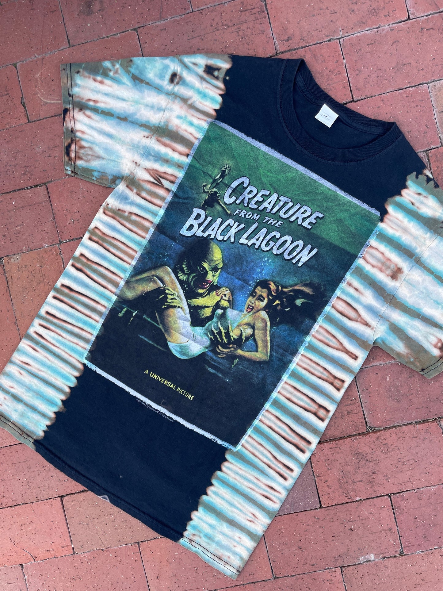 MEDIUM Men’s Creatue from the Black Lagoon Handmade Reverse Tie Dye Short Sleeve T-Shirt | One-Of-a-Kind Vintage Upcycled Black and Blue Top