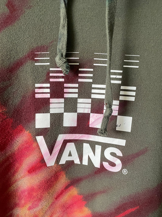 XL Men's Vans Checkerboard Half-and-Half Reverse Tie Dye Long Sleeve Hoodie | One-Of-a-Kind Upcycled Olive Green and Red Sweatshirt