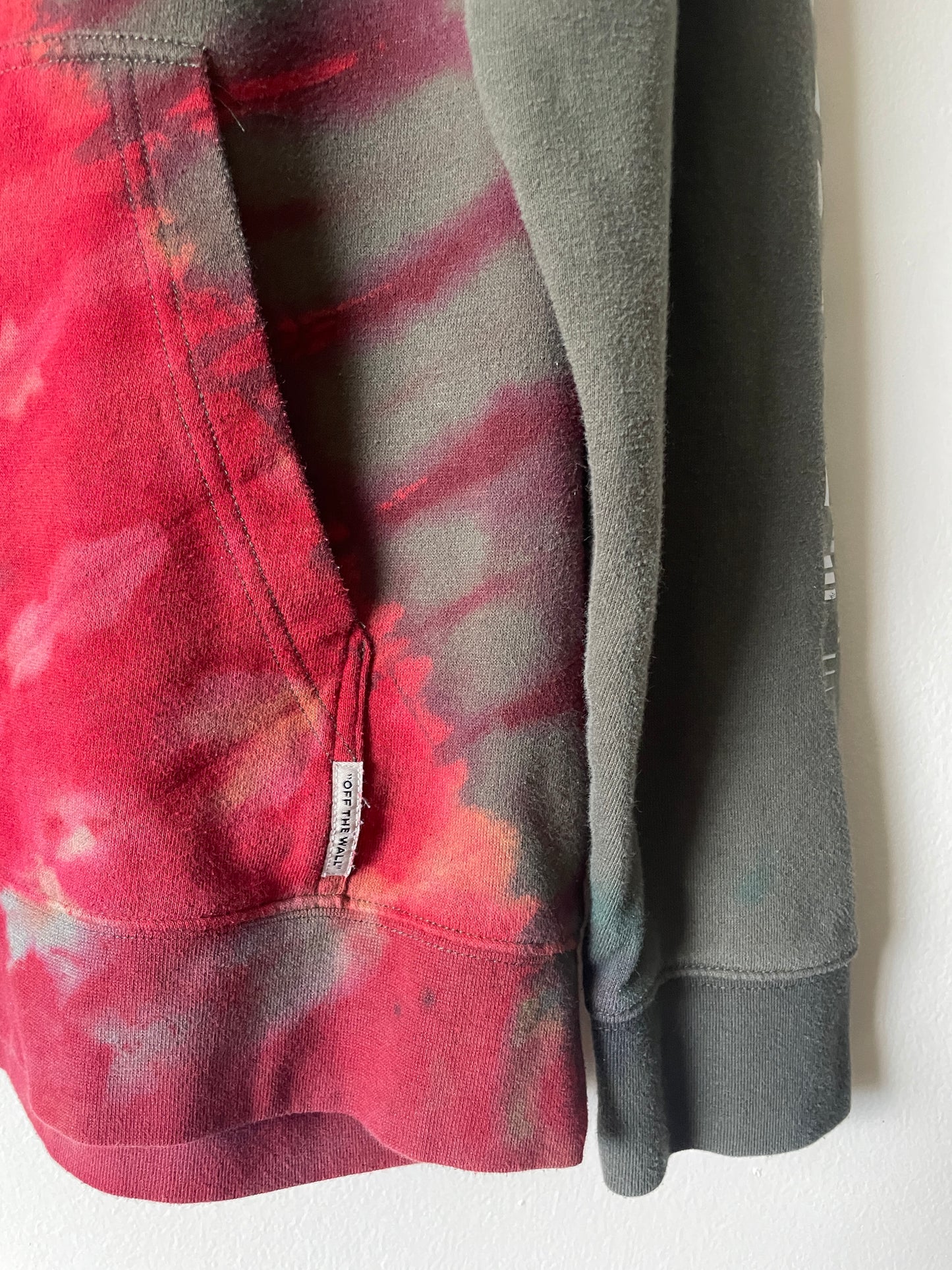 XL Men's Vans Checkerboard Half-and-Half Reverse Tie Dye Long Sleeve Hoodie | One-Of-a-Kind Upcycled Olive Green and Red Sweatshirt