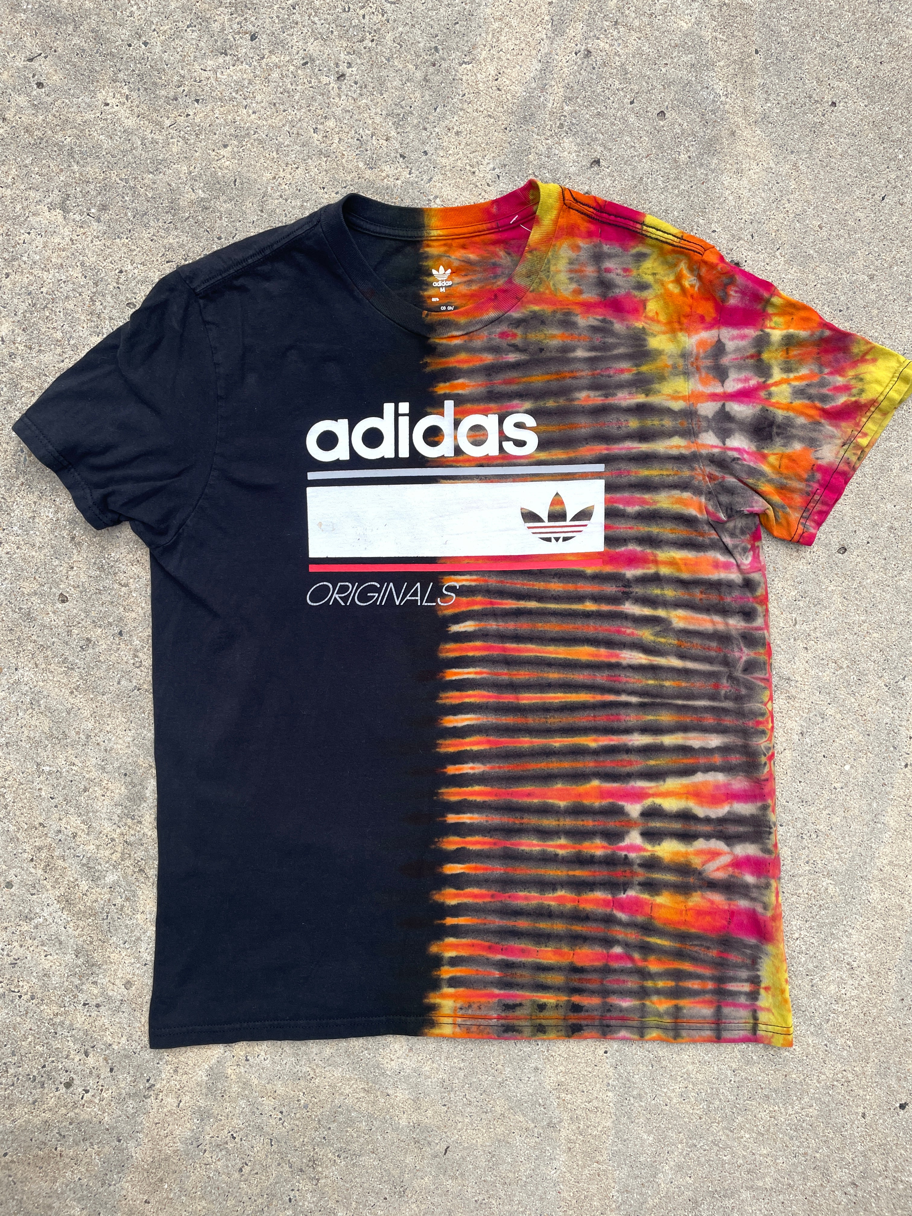adidas Originals Pink, Orange, and Black Short Sleeve Tie Dye T-Shirt | Men's Medium