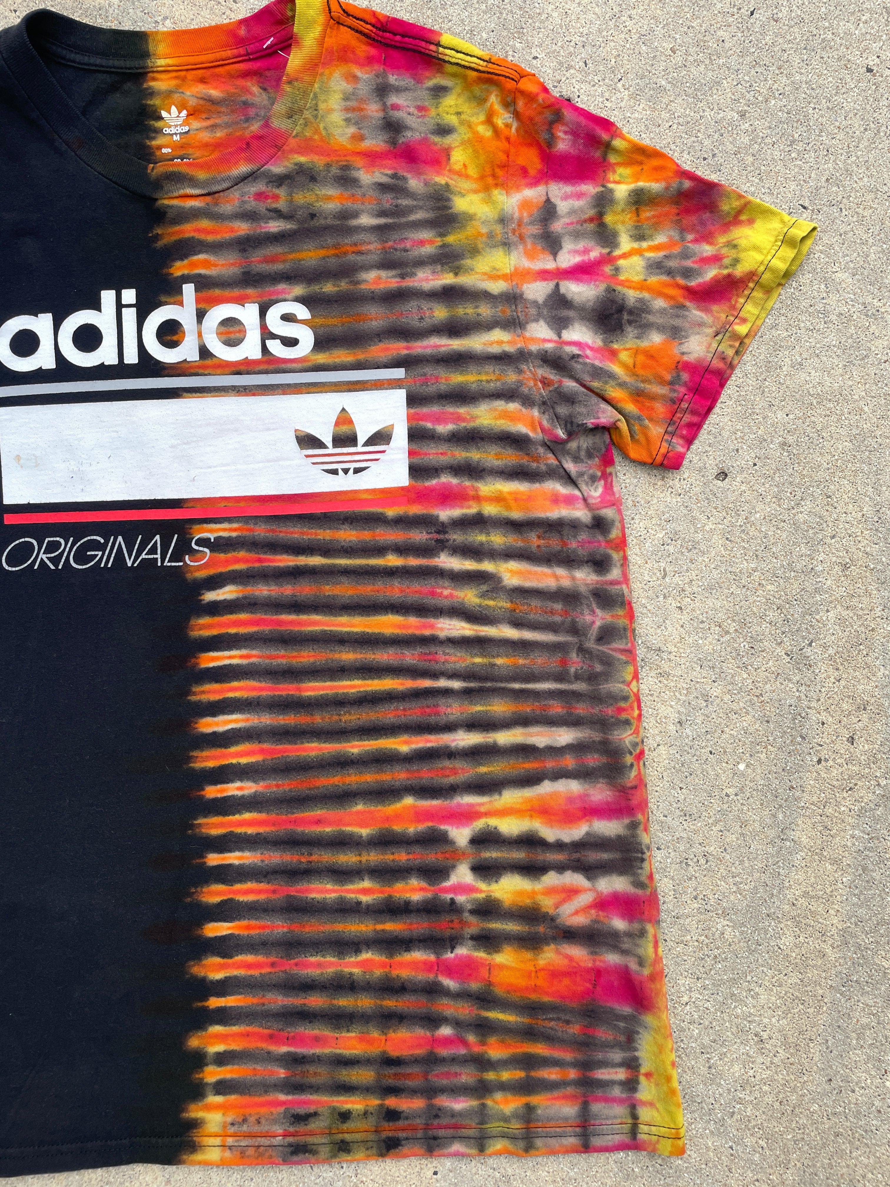 adidas Originals Pink, Orange, and Black Short Sleeve Tie Dye T-Shirt | Men's Medium