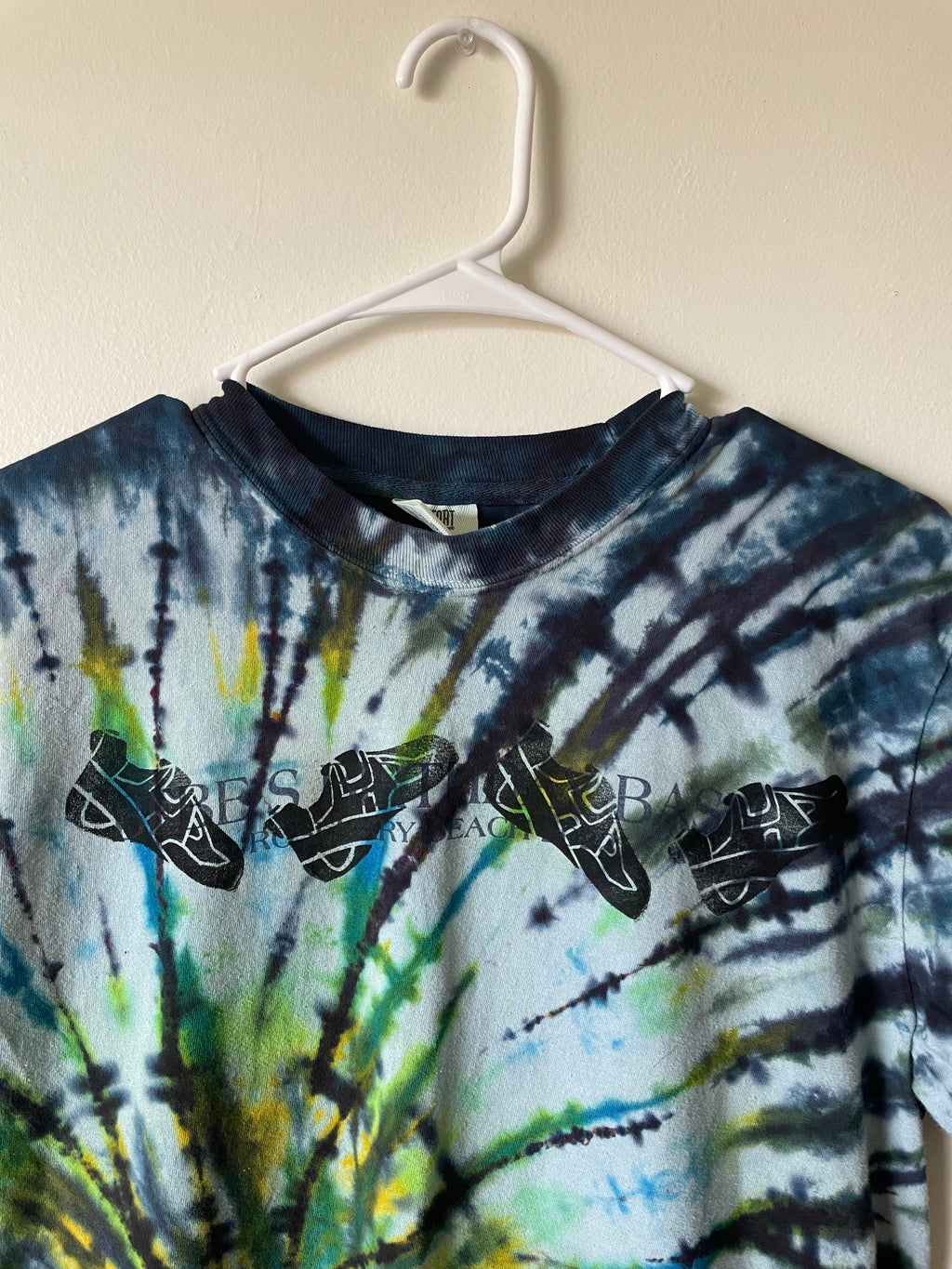 Medium Men's Climb On Grim Reaper Handmade Tie Dye T-Shirt | One-Of-a-Kind Upcycled Blue and Green Spiral Short Sleeve Shirt