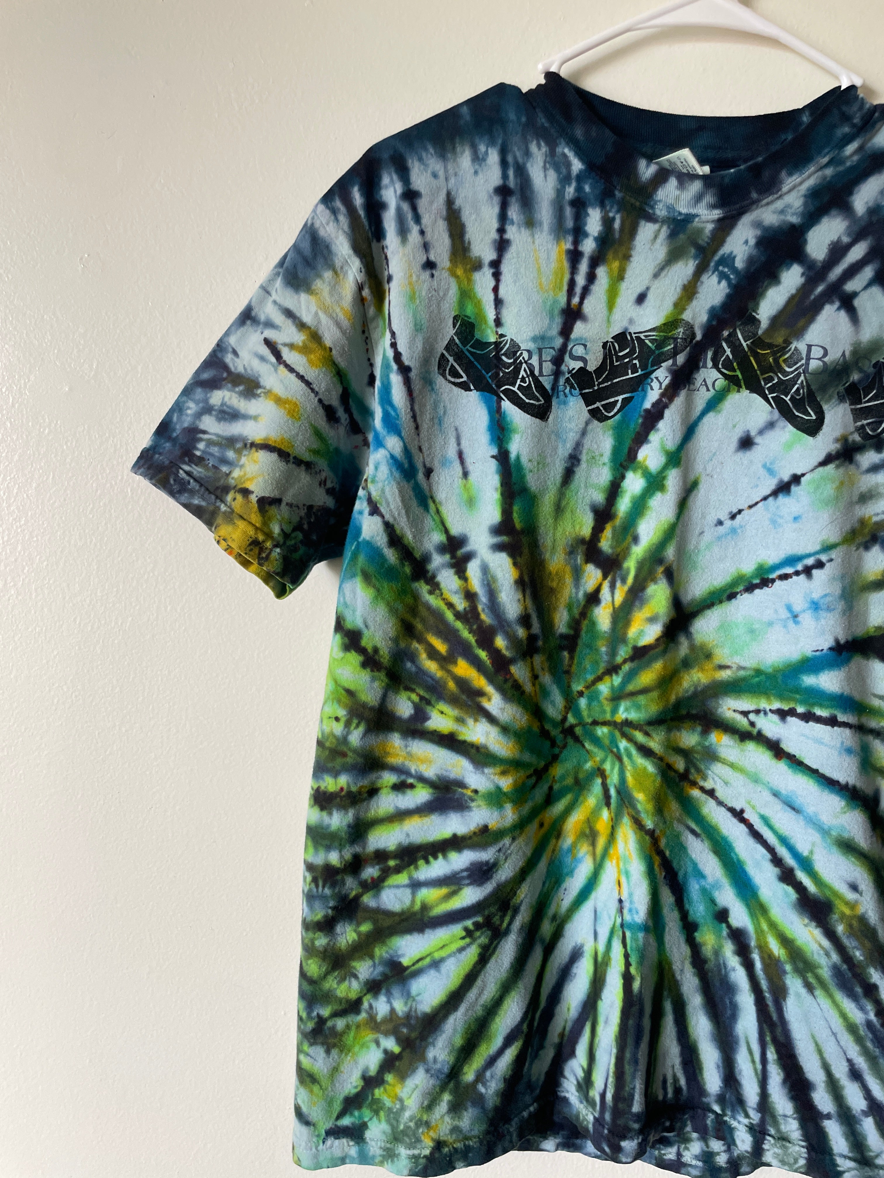 Medium Men's Climb On Grim Reaper Handmade Tie Dye T-Shirt | One-Of-a-Kind Upcycled Blue and Green Spiral Short Sleeve Shirt